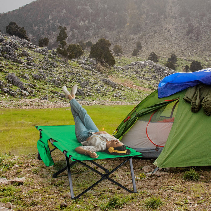 Camping Bed Foldable, 136 kg Load Capacity with Side Pocket, Oxford Green Black