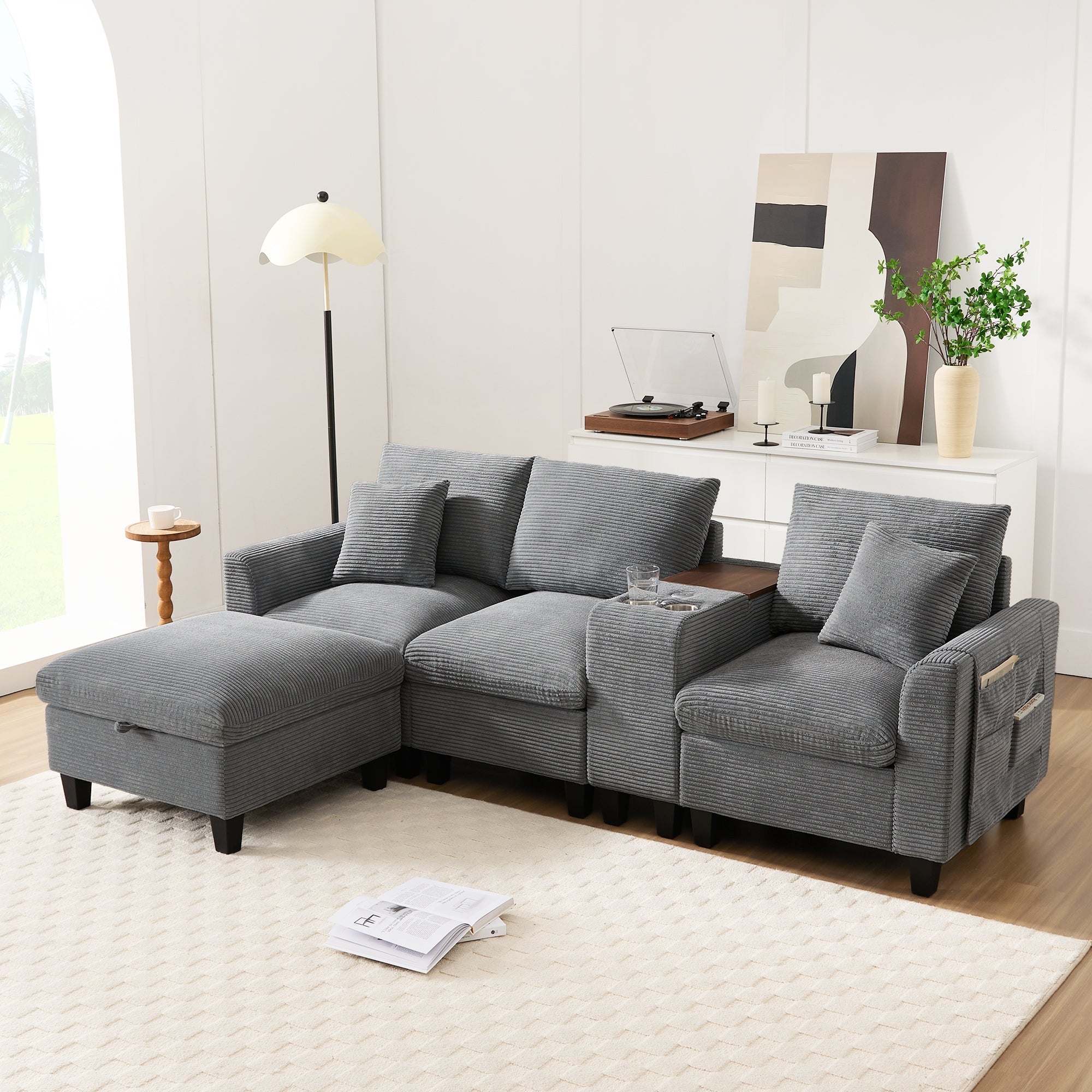 Modern L-shaped Corner Sofa Convertible Console Cup Holders USB Corduroy Fabric