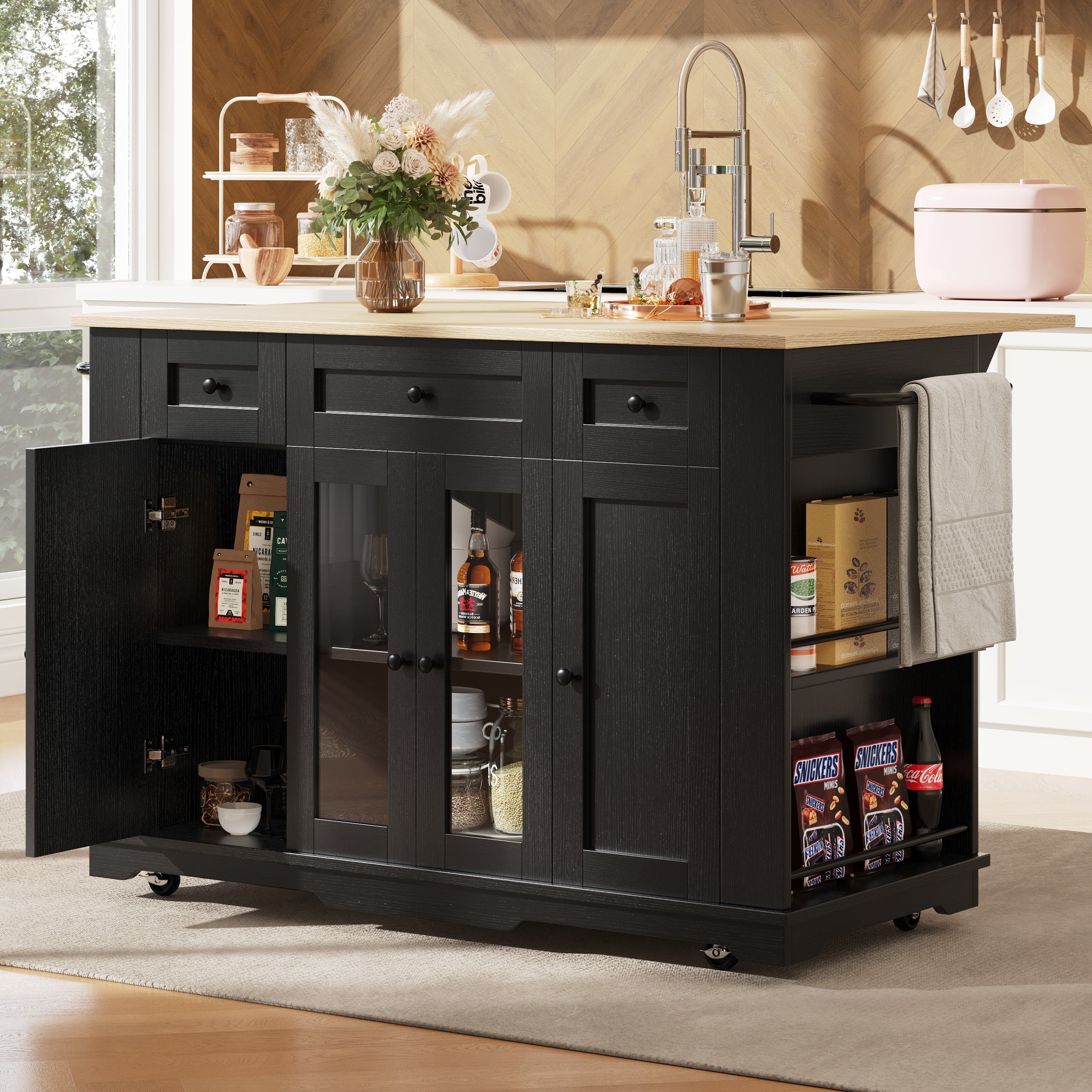 Kitchen Island, 151.5x60x91.7cm Removable Partitions Worktop Tempered Glass Cabinet, White/Black