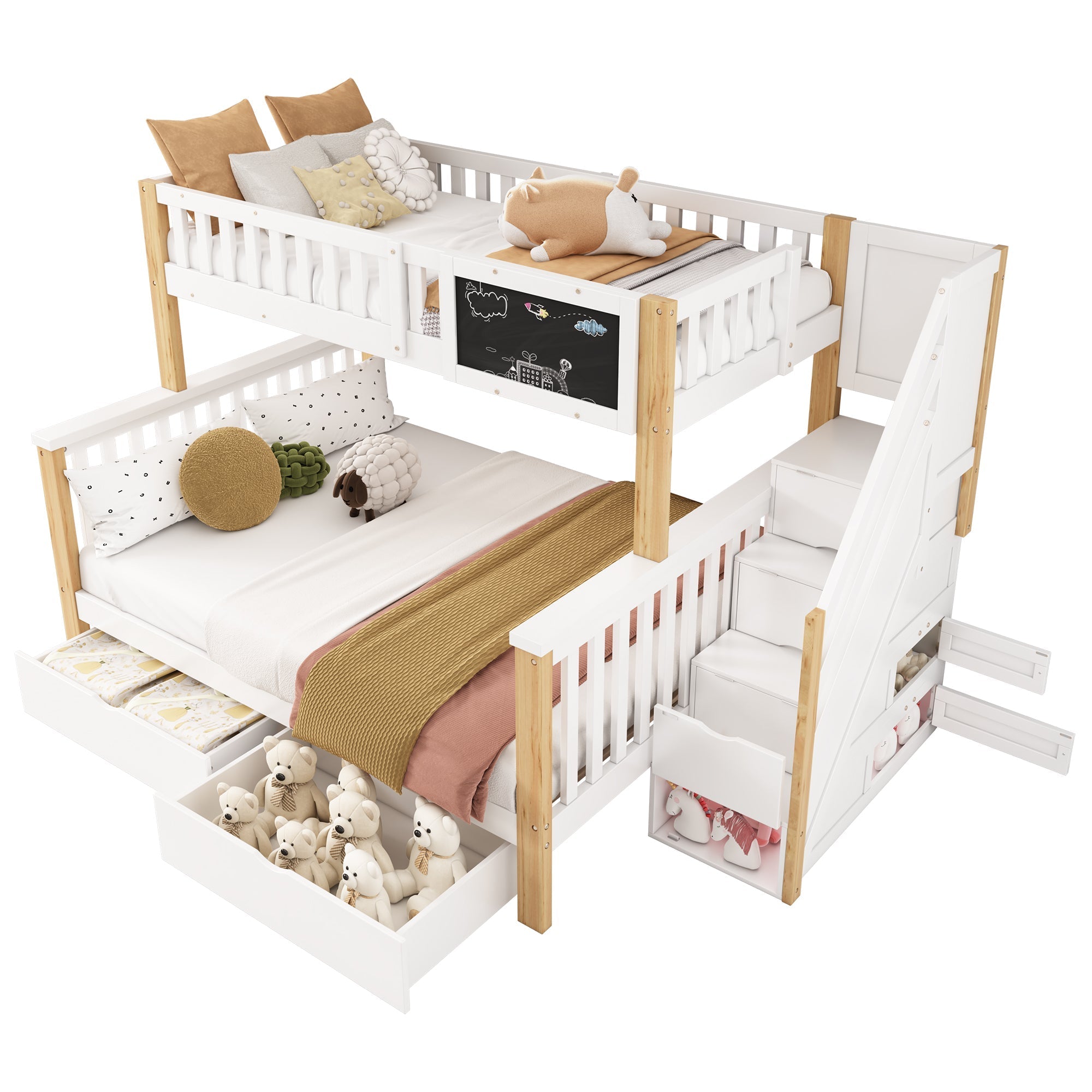 Children's Bunk Bed Multifunctional Chalkboard Drawers 90x200/140x200 - White/Light Oak