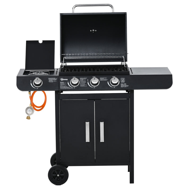 Gas Grill BBQ Cart, Multifunctional with 3 Burners and 1 Side Burner, Steel Black