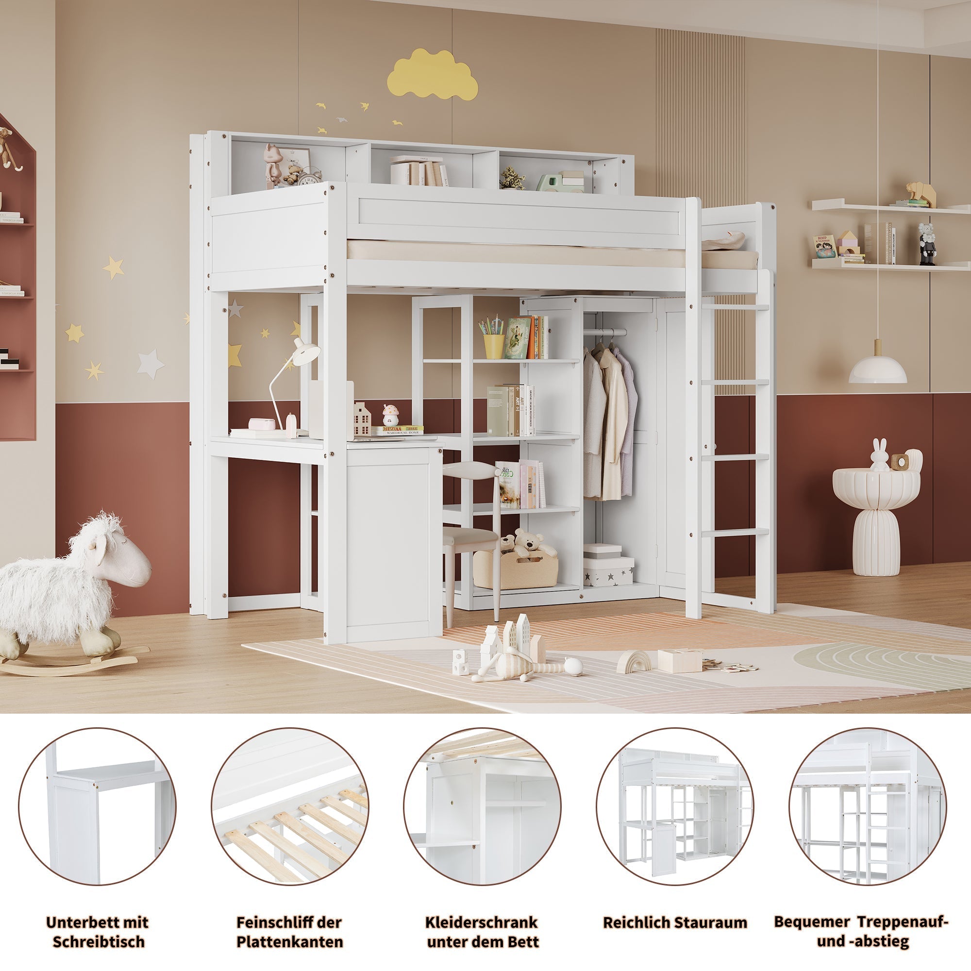 Bunk Bed with Table & Wardrobe, Safety Gate & Shelves, Pine+MDF+Plywood, White, 90x200cm