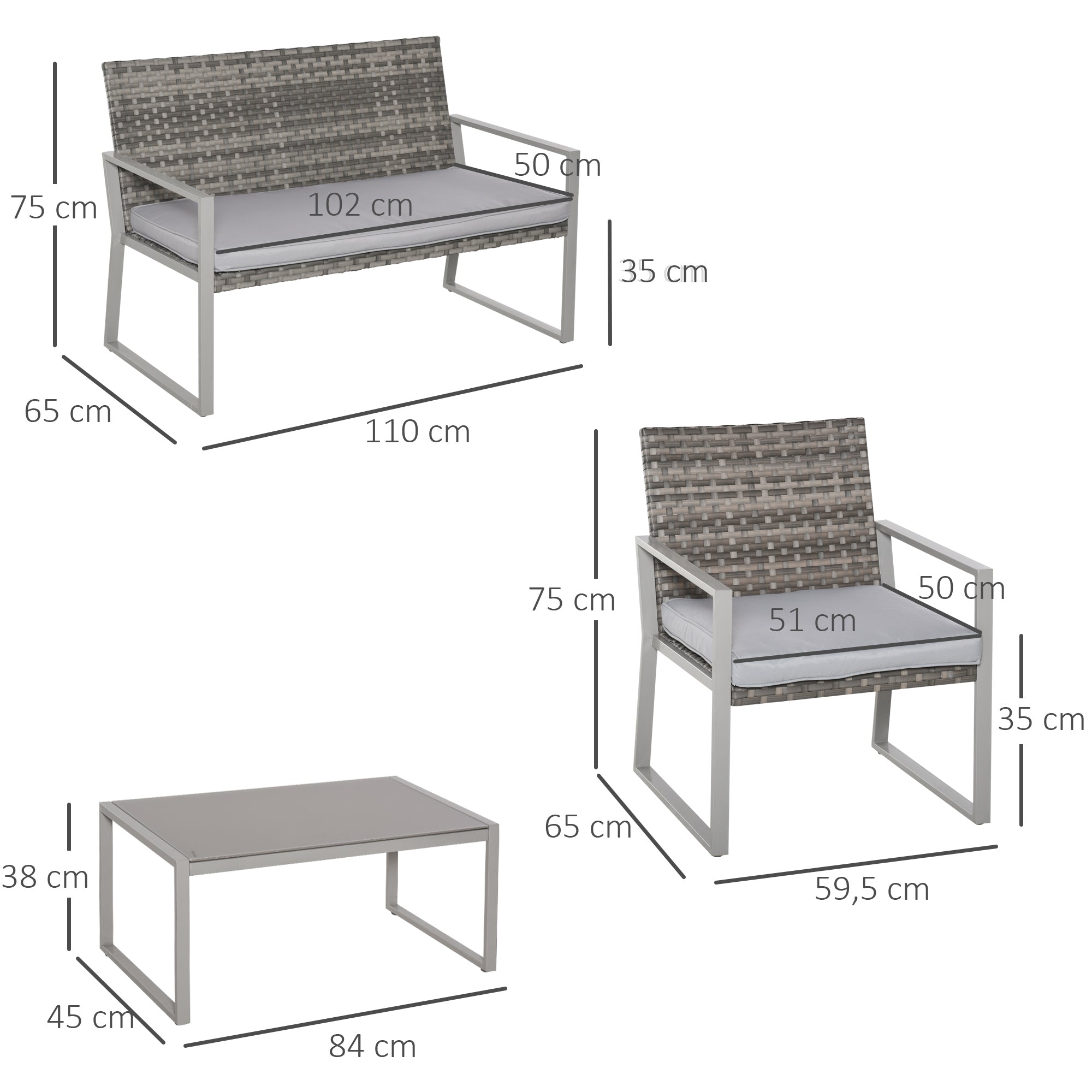 4PC Rattan Garden Furniture Set with 2 Single Chairs, 1 Bench, and Coffee Table, Grey Wicker Weave