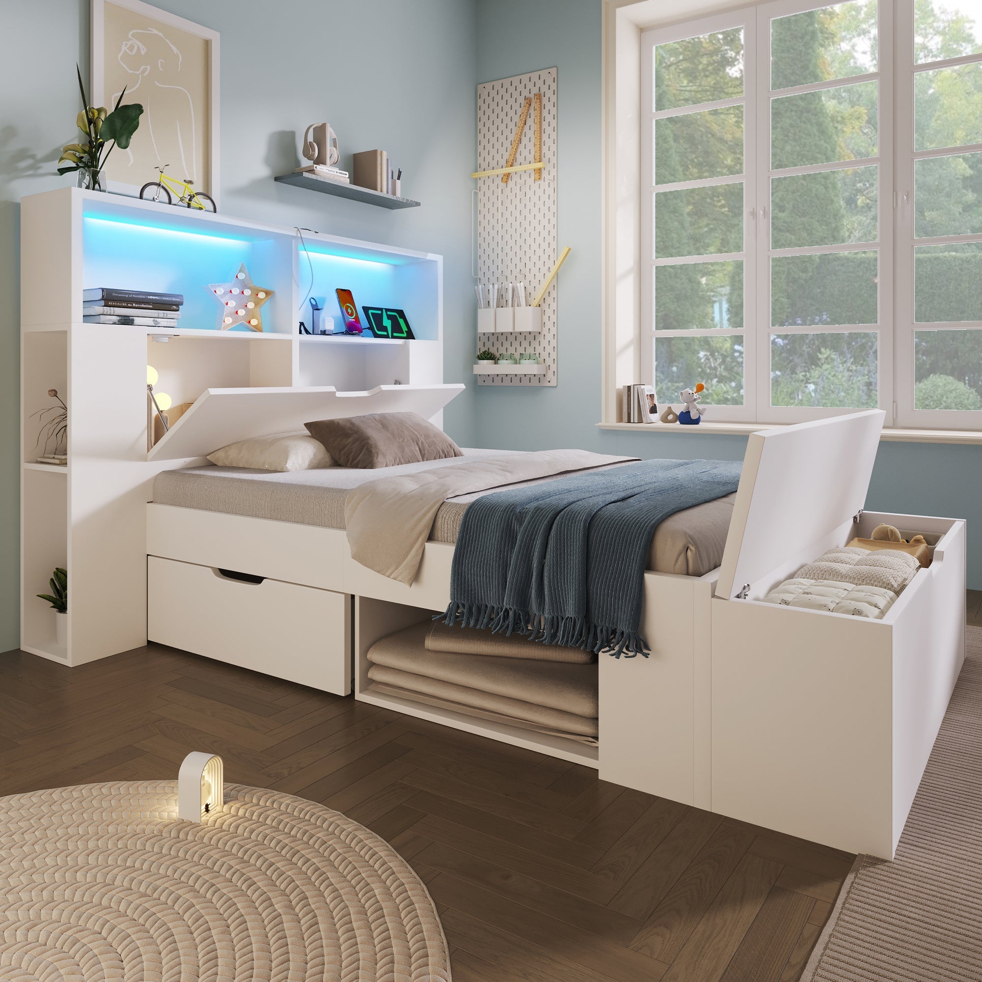 Wooden Single Bed 90x200cm Storage LED USB Drawers Shelves - White Wood