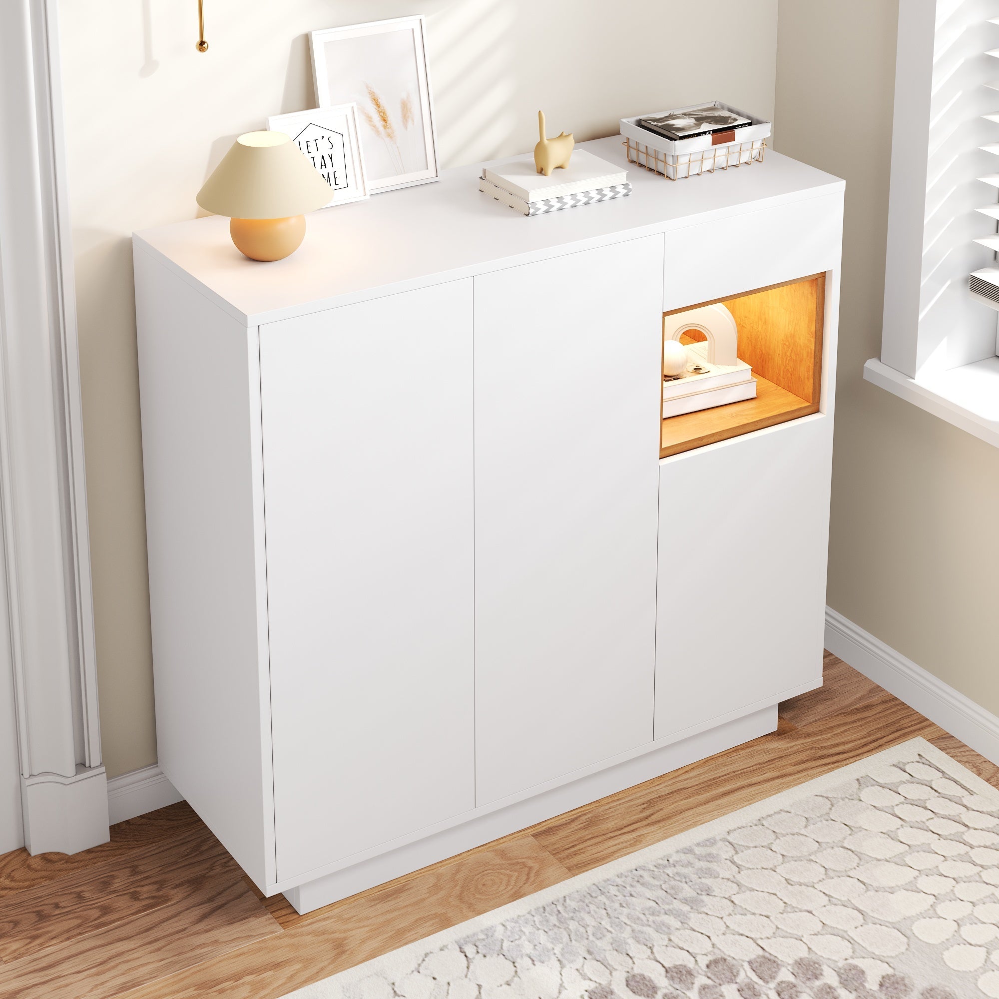 Shoe Cabinet with Adjustable Shelves for 14-18 Pairs, White and Natural Wood