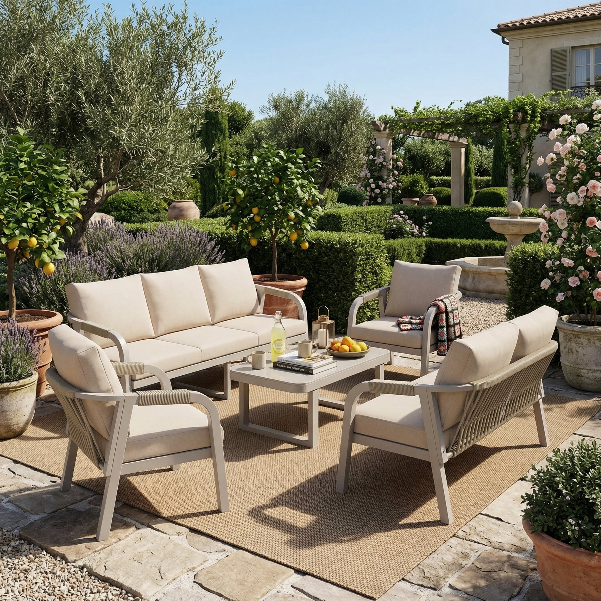 Garden Lounge Set, 7-Seater with Sofa, Armchairs and Coffee Table, Beige Woven Rope