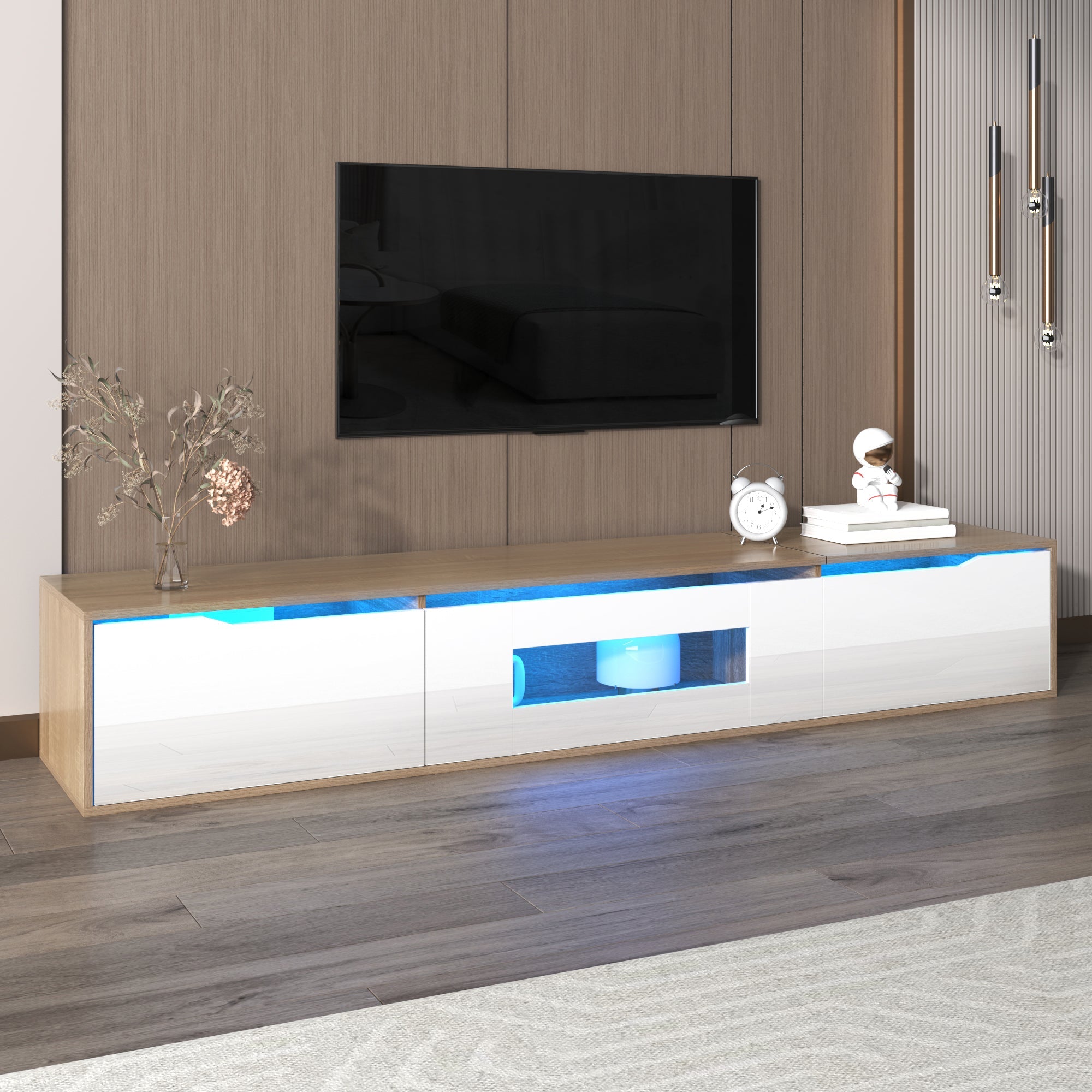 TV Cabinet, High Gloss with Color Changing LED Light, White and Wood Color