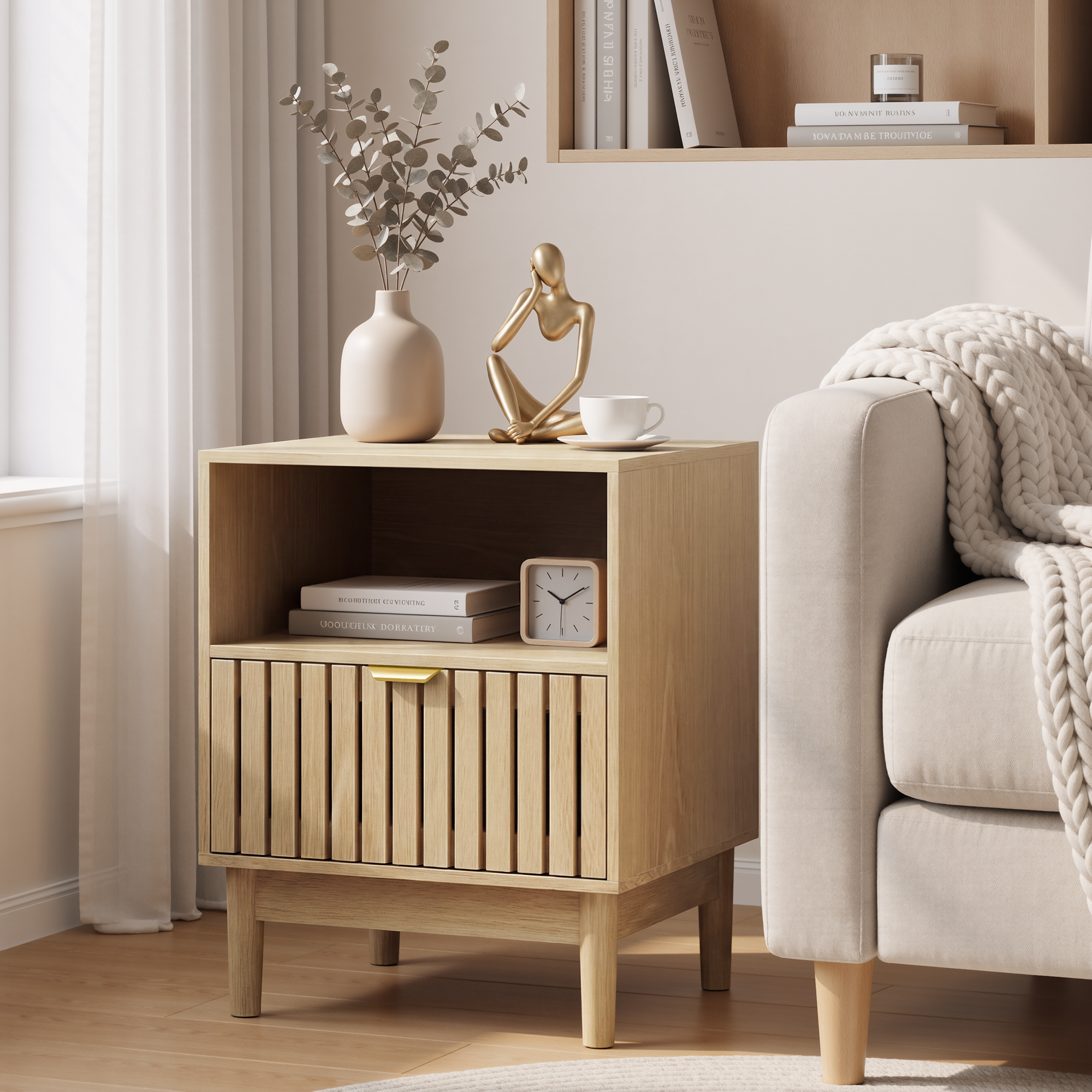 Modern Bedside Table with 1 Drawer and Slatted Design, 45x39x56.5cm, Oak
