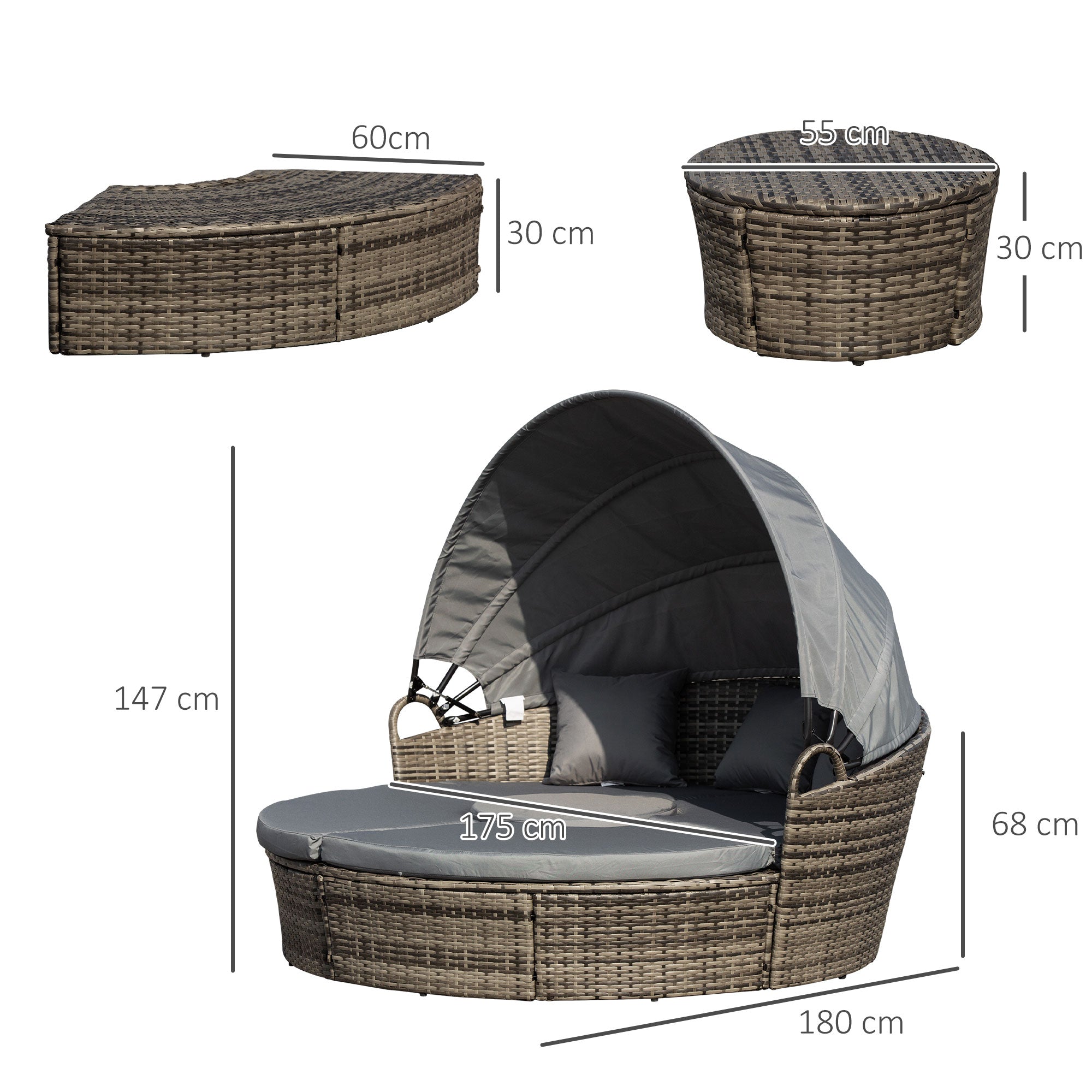 Outdoor PE Rattan Garden Furniture Set with Round Daybed, Retractable Canopy, Cushions, Dark Grey Rattan
