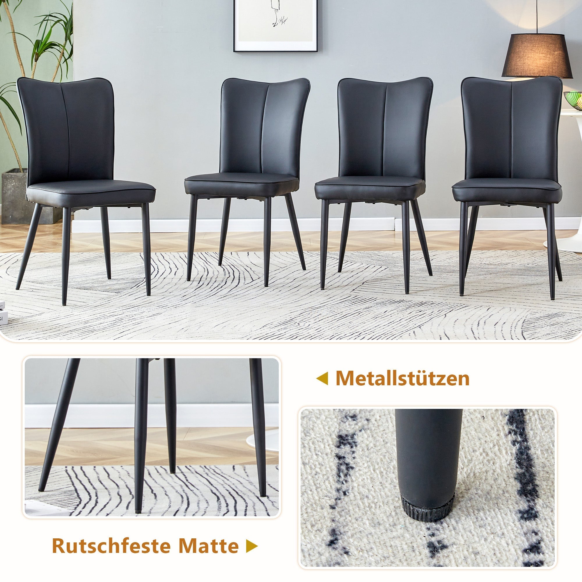 Dining Set 160cm Rectangular Storage with 4 Modern PU Chairs - Black