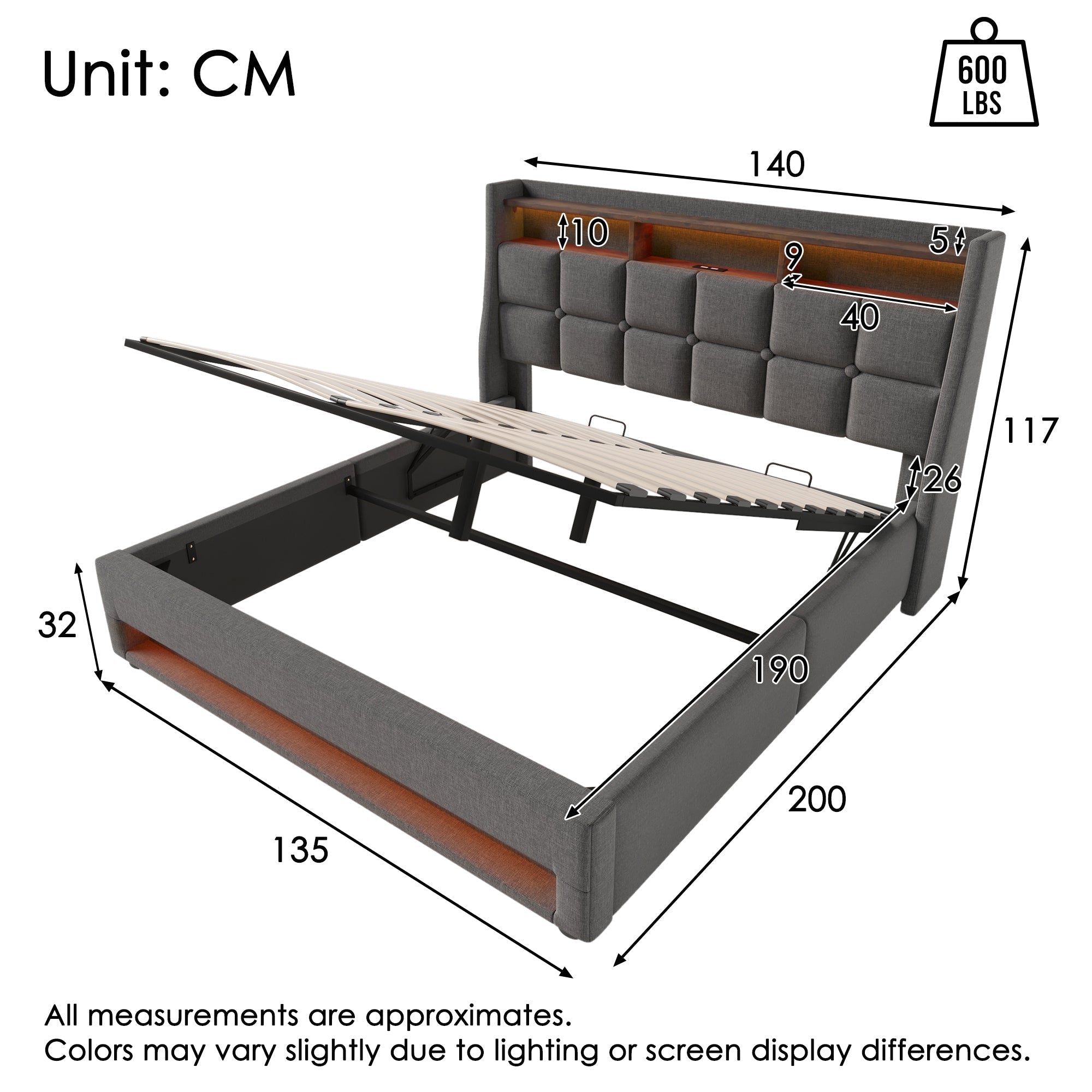 Upholstered Double Bed 135 x 190 cm with LED Lighting, USB-C Charging, Storage Headboard, Metal Slatted Frame, Grey Linen