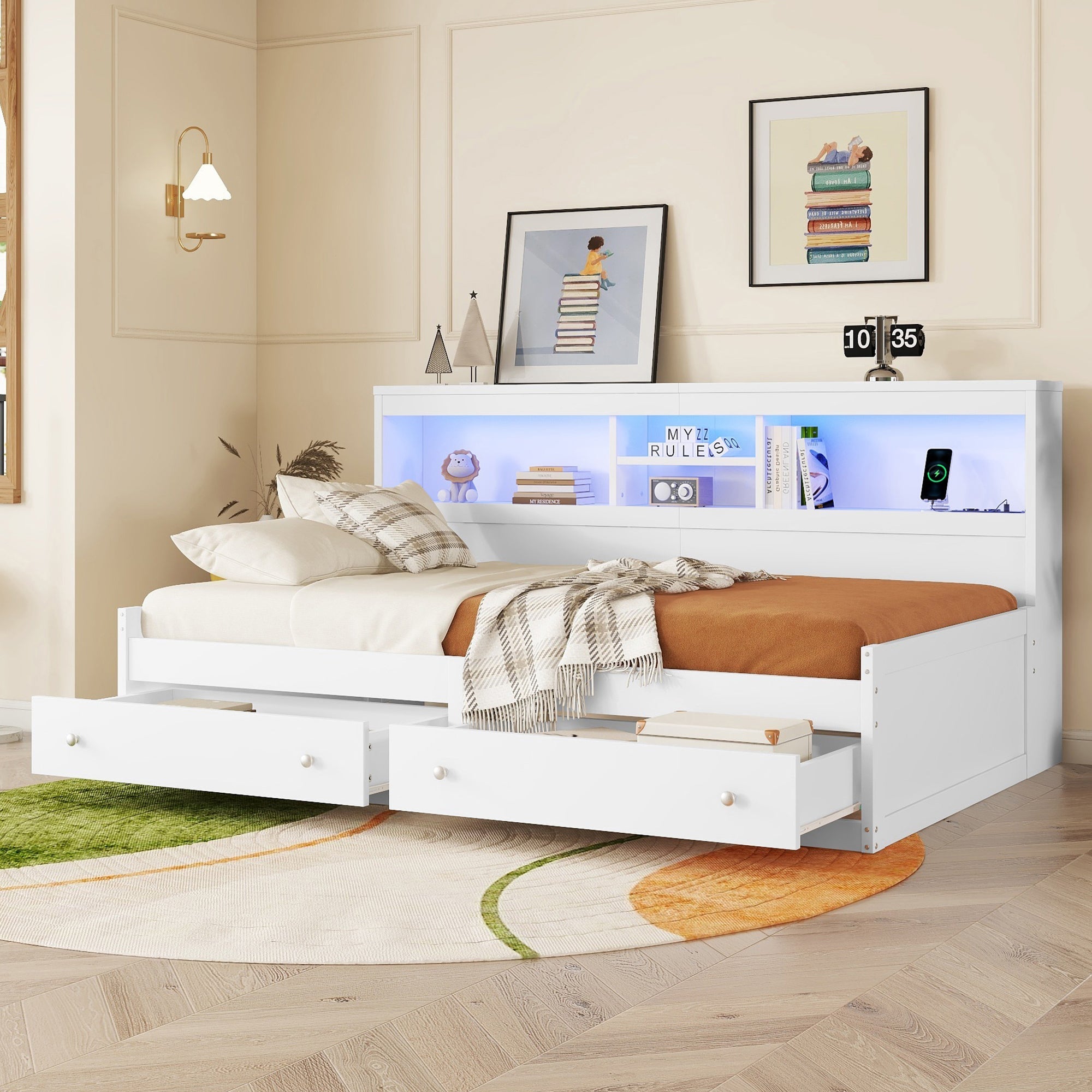 Daybed Sofa Bed 90x200cm Storage Drawers LED USB Charging - White Chipboard