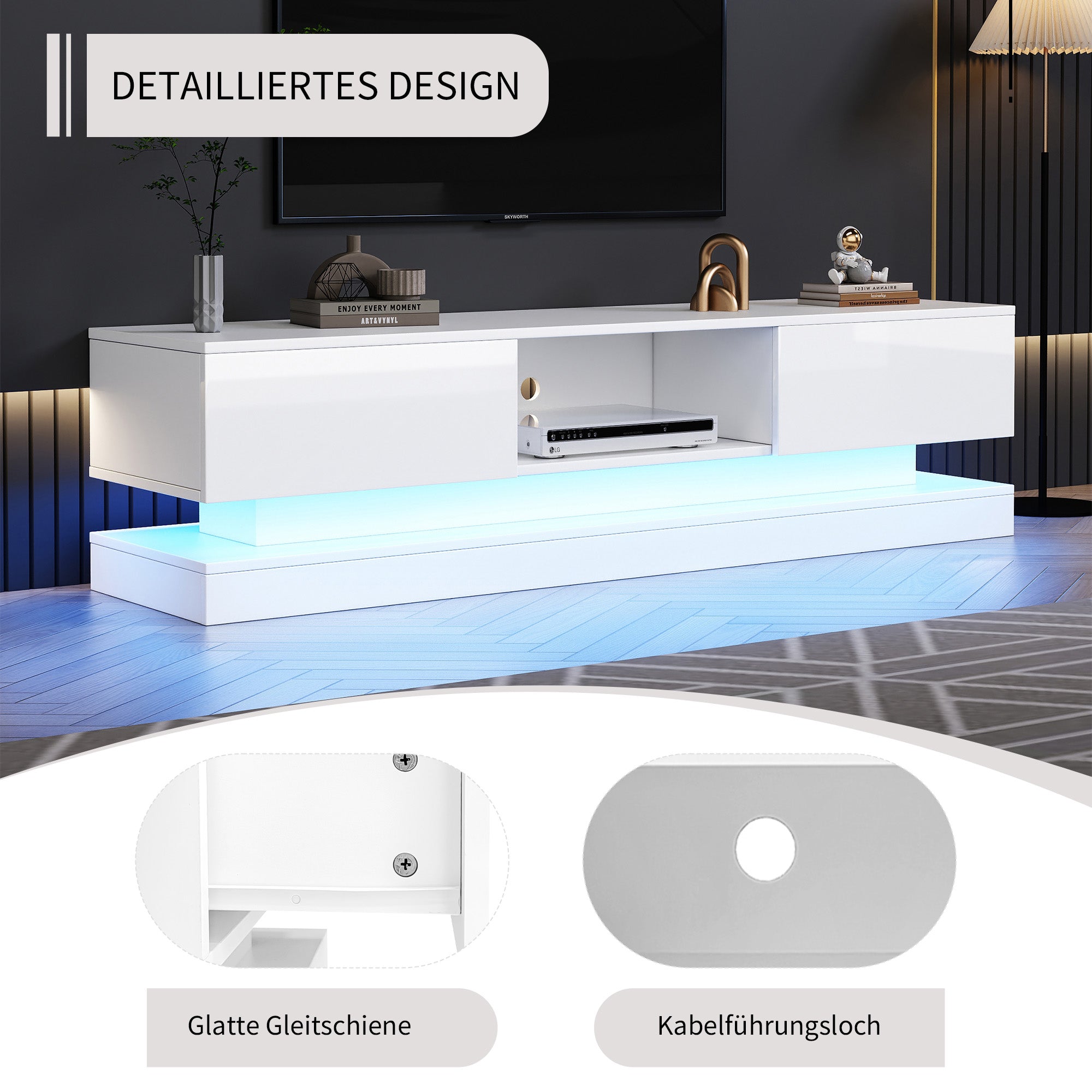 TV Cabinet with LED Lighting, 2-Drawer, Anti-Tip, for 60-inch TVs, White High-Gloss