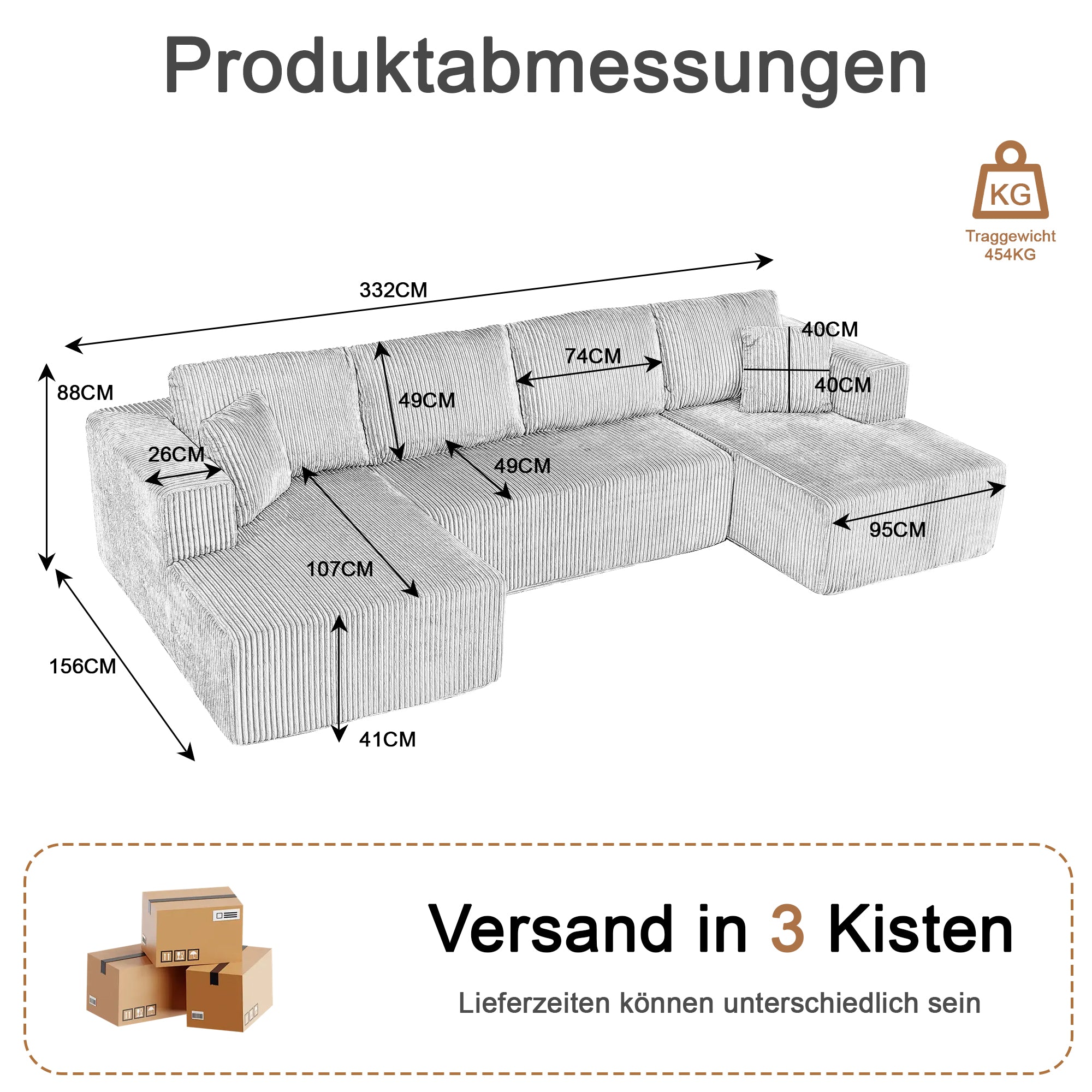 Modern U-Type Leisure Sofa with Modular Non-Assemble Design and Lounge Chairs, Lamp Fabric