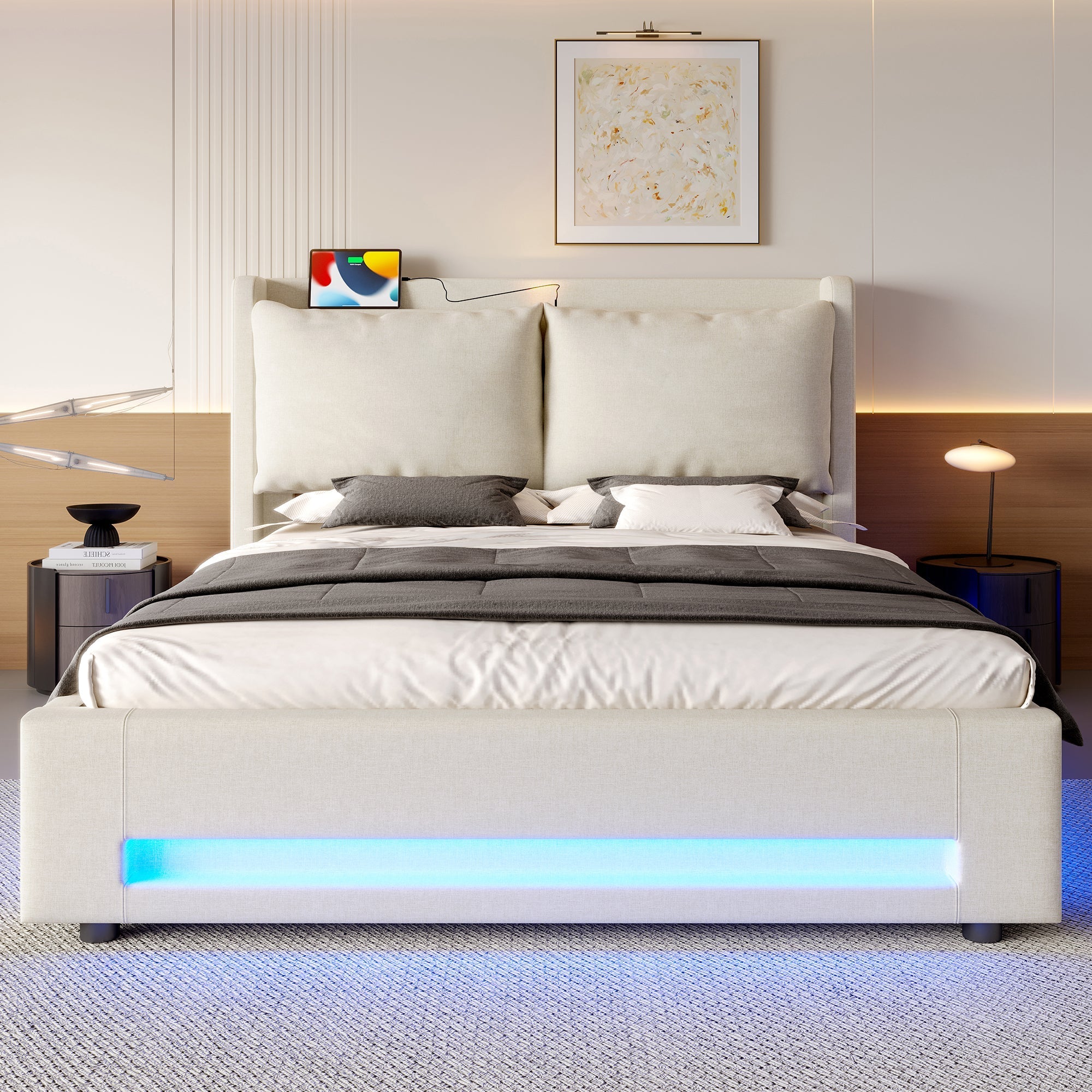 Modern Upholstered Bed with Storage, USB-C, LED Lights, 180x200 cm, Velvet