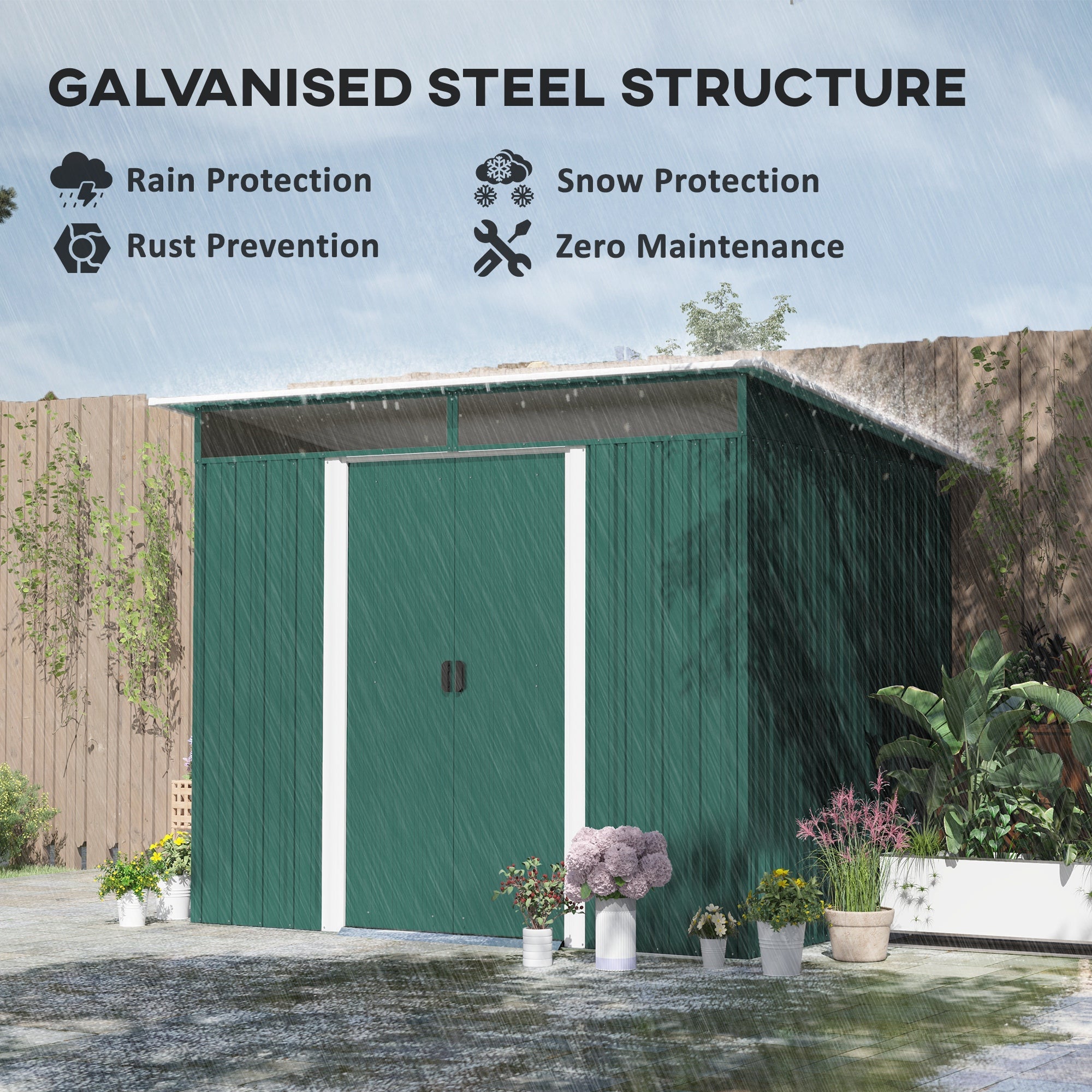 Metal Shed 8.5 x 6ft, Lightsky Panels Garden Storage Tool House Double Doors, Green