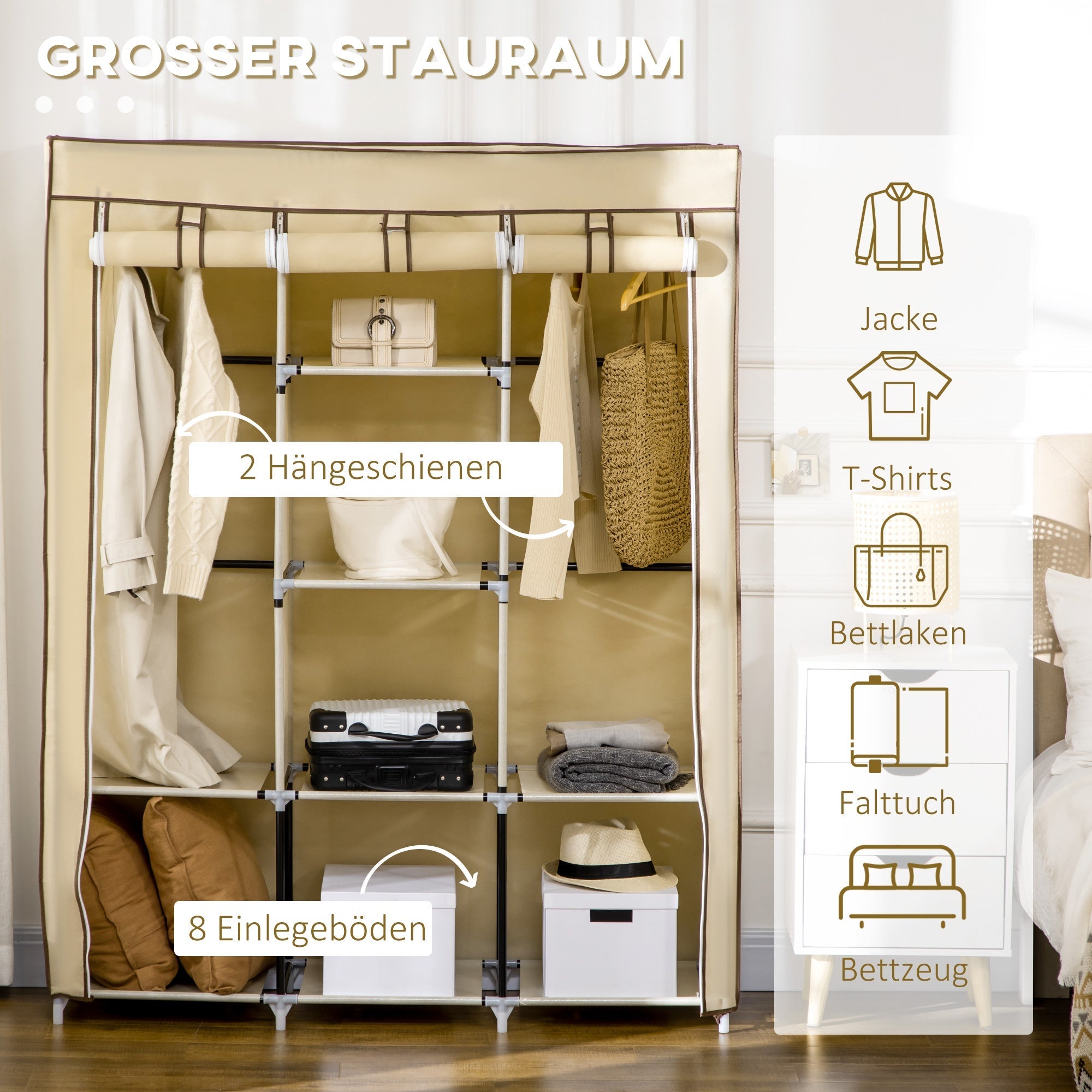 Fabric Wardrobe, 8 Levels & Clothes Rails, Folding, Nonwoven Fabric Beige