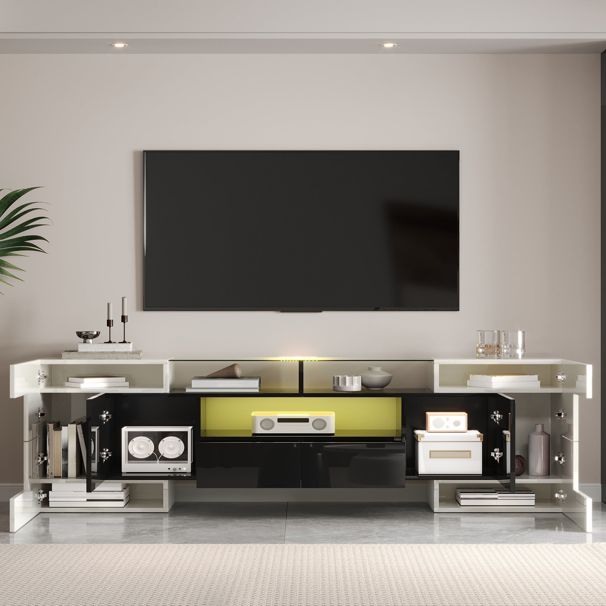 TV Cabinet Low Panel 200cm LED Lighting Modern Design High-Gloss White and Black
