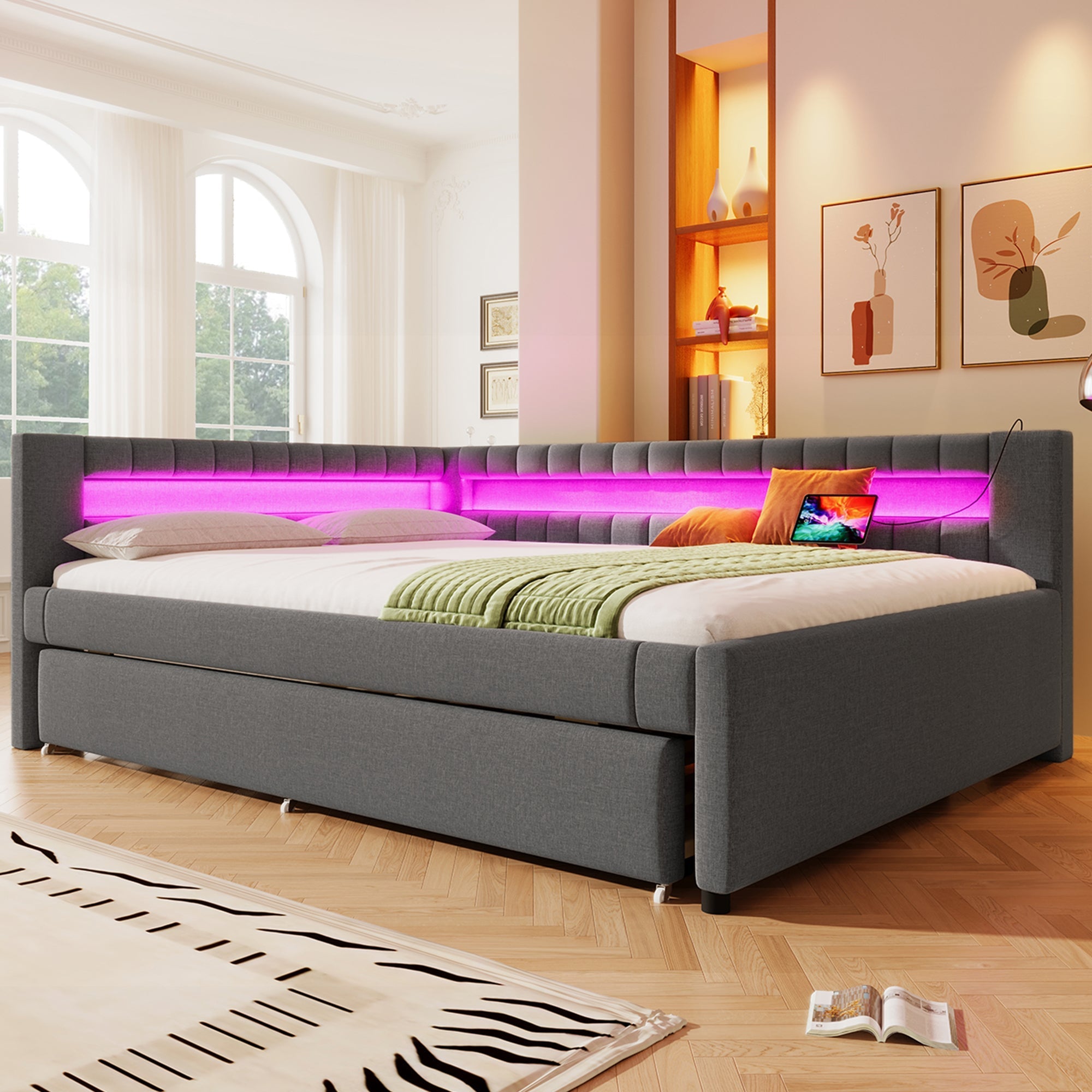 Daybed Sofa Bed 140x200cm Pull-out Bed LED USB/Type-C Linen Grey