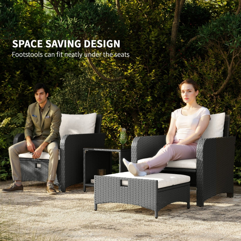 Five Piece Rattan Garden Furniture Set with 2-Tier Coffee Table and Ottomans Cream White