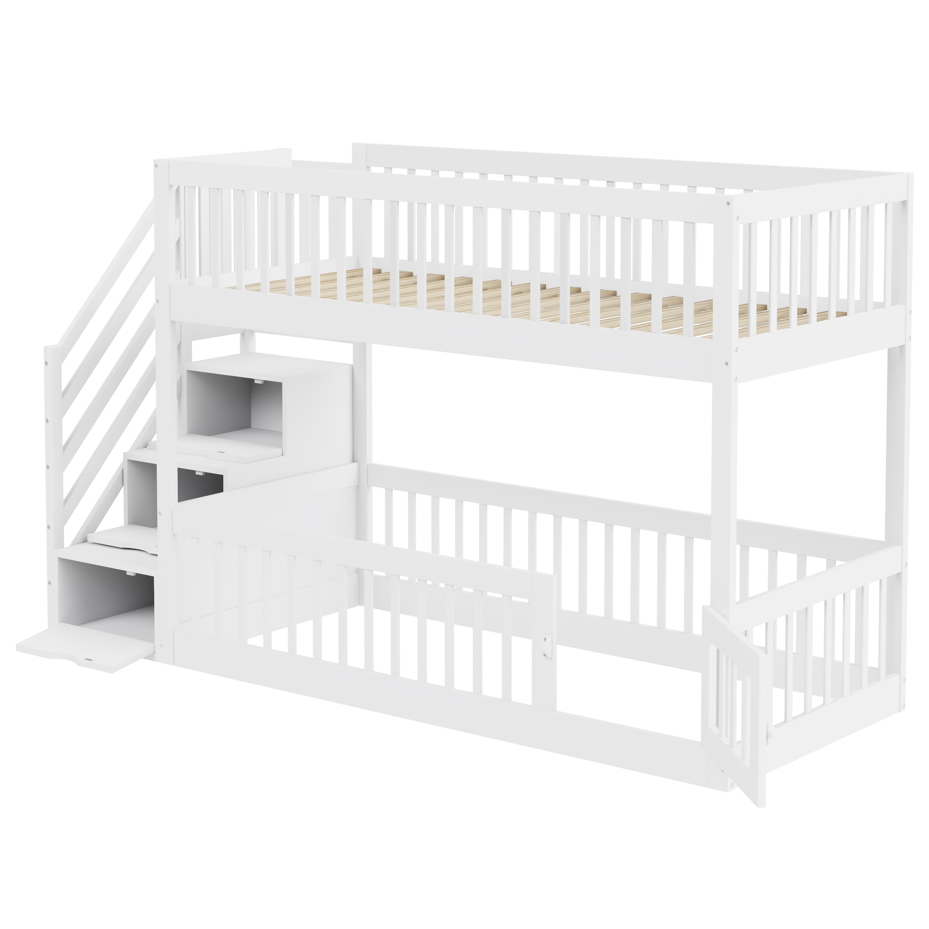 Bunk Bed 90x200 Safety Stairs Drawers Storage, White Wooden
