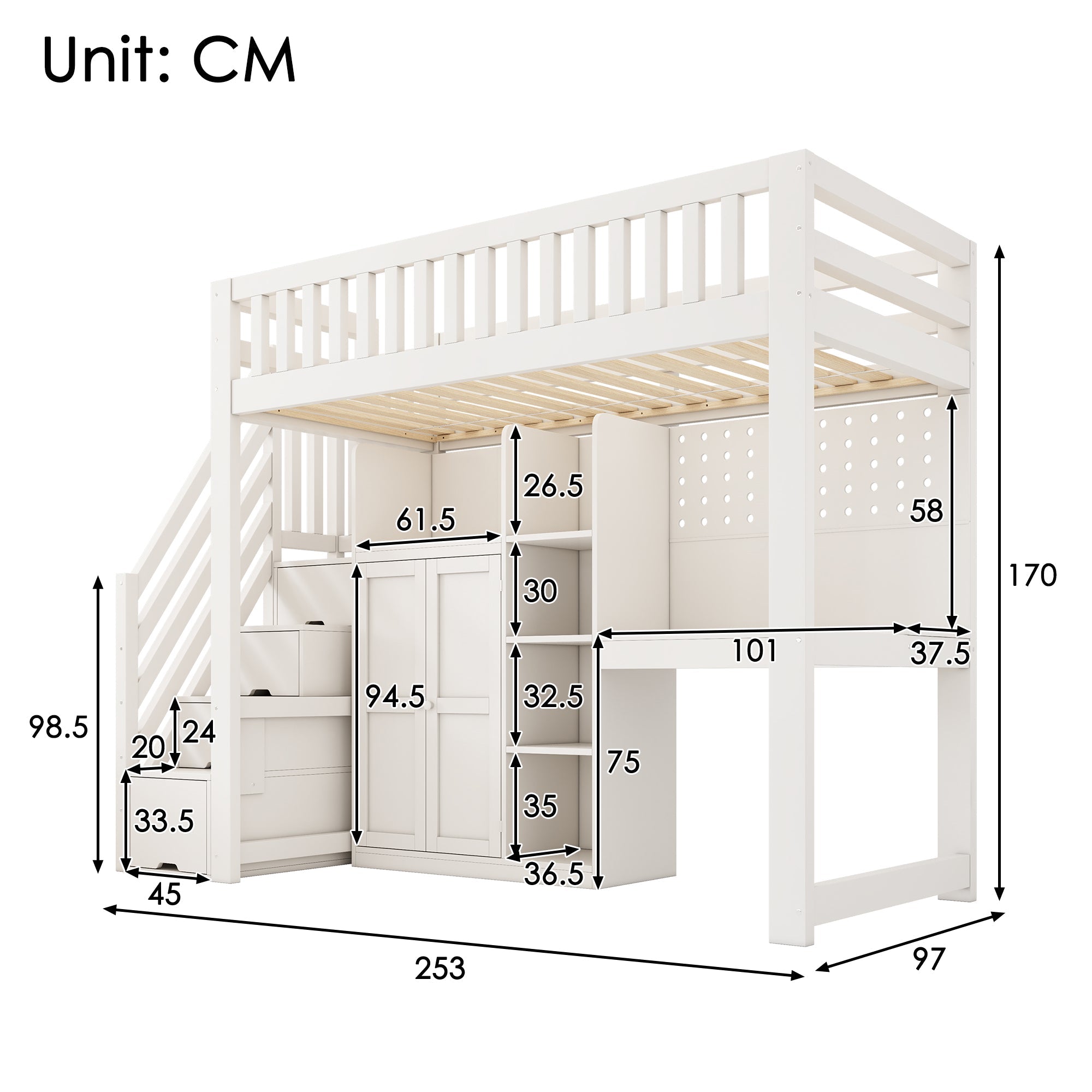 Children's Loft Bed with Desk, Wardrobe, Ladder Cabinet and USB Ports, 90x200cm, White Wood