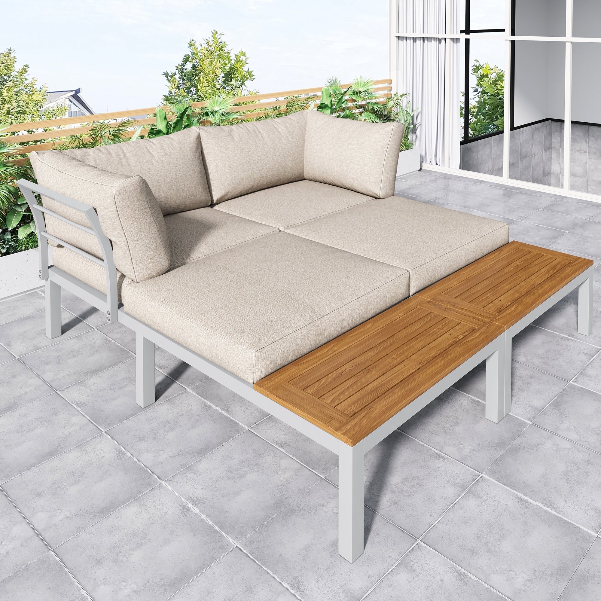 Outdoor Patio Garden Lounge Set for 4, Space Saving L-Shaped Corner Sofa with Wooden Table, Beige