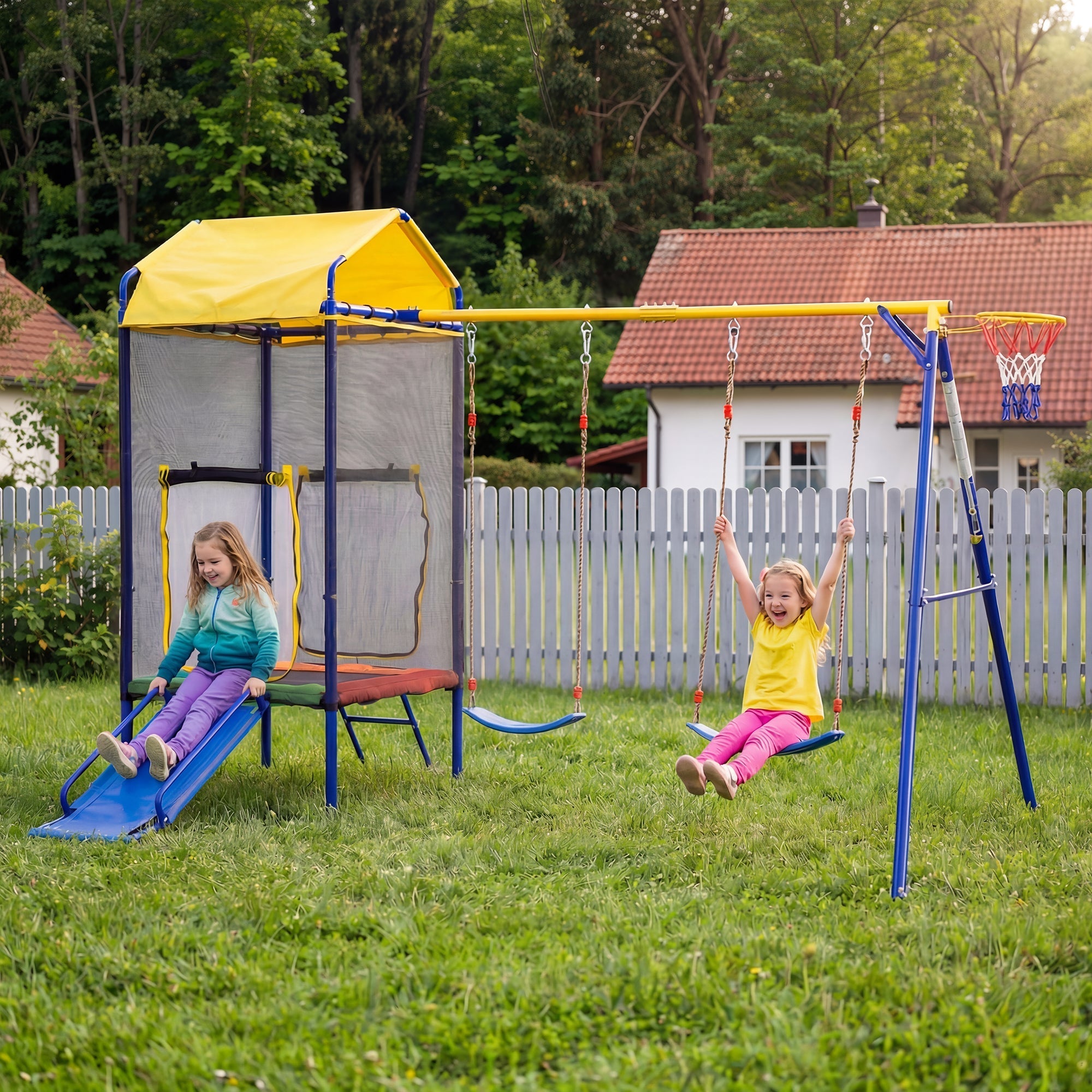 Multifunctional Outdoor Swing Set with Trampoline, Slide and Basketball Hoop, Sturdy Iron Frame