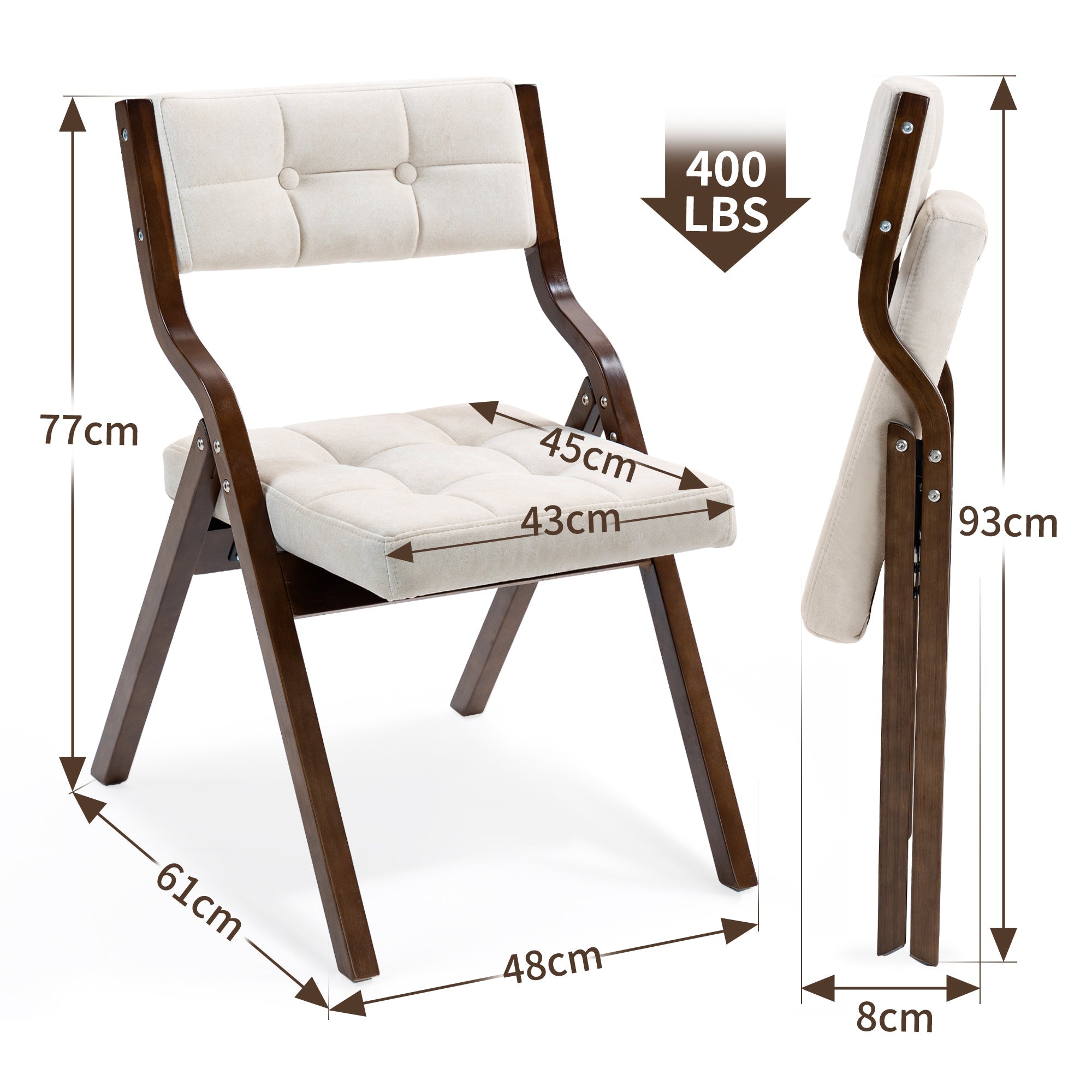 HOMEFUN Wooden Folding Chairs with Cushion, 2 Pack - Cream