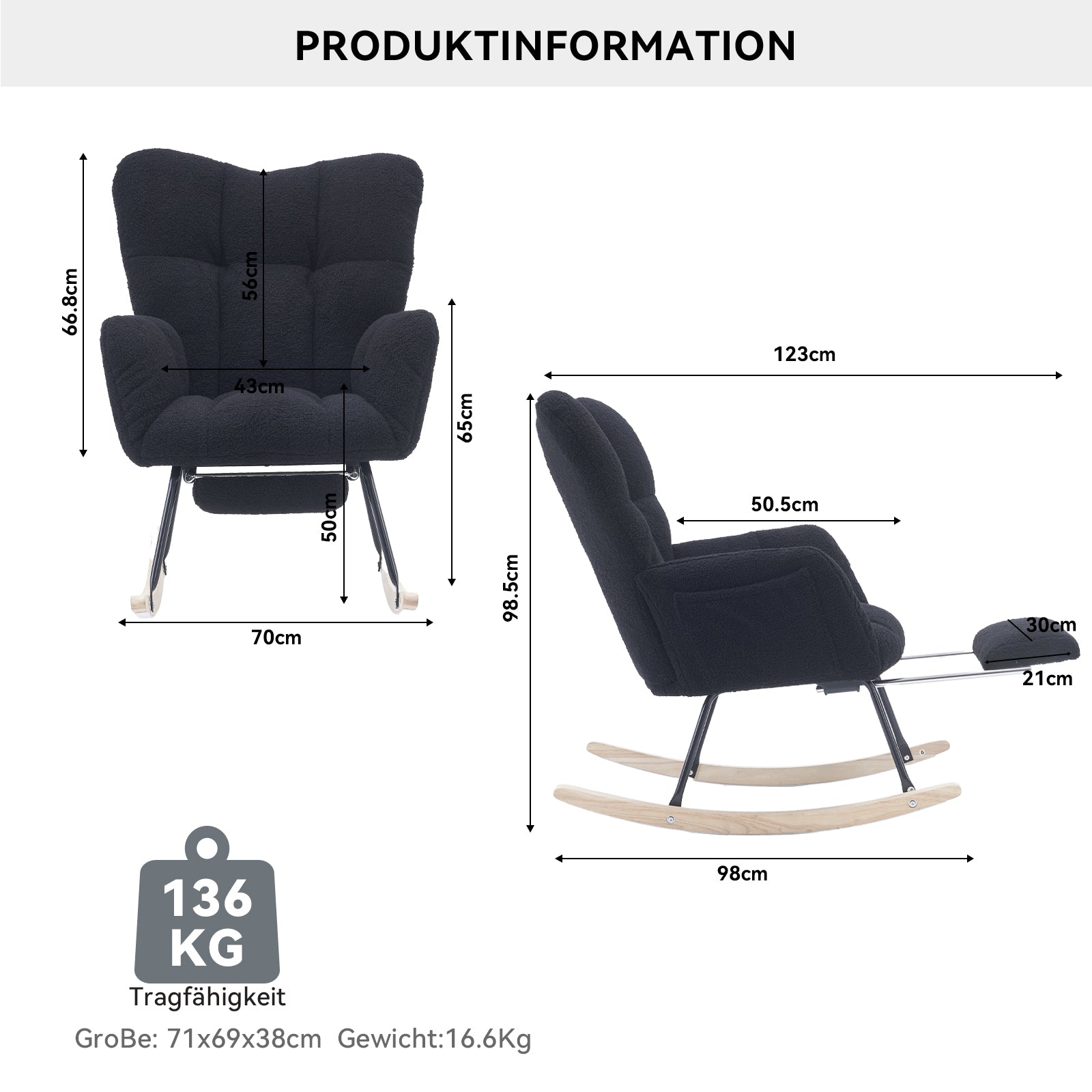 Modern Rocking Chair, Upholstered with Extendable Footrest, Black Teddy Taffeta