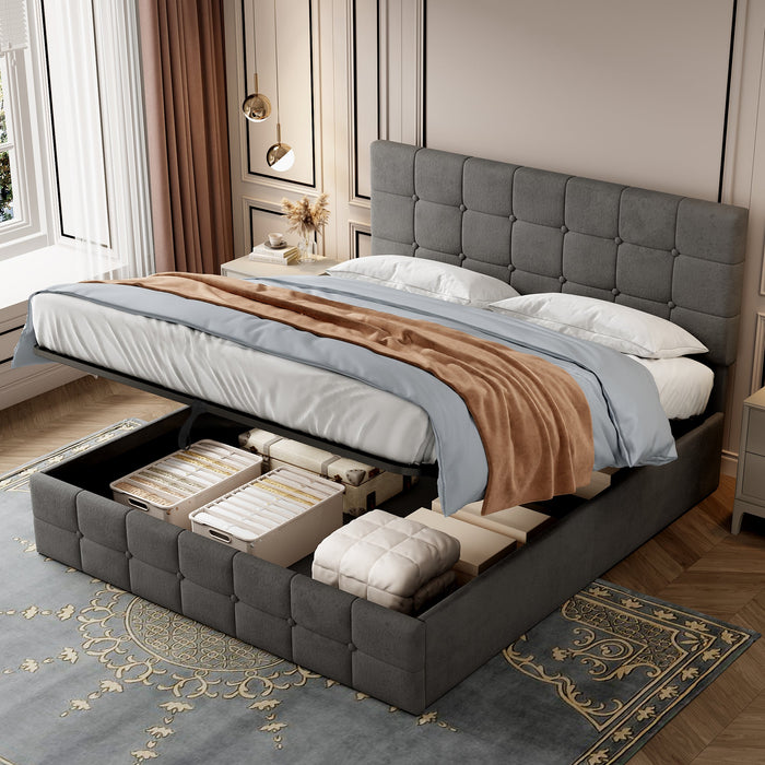 4ft6 Double Upholstered Storage Bed Frame, Velvet Ottoman Bed with Hydraulic Storage, Adjustable Button Tufted Headboard, Grey