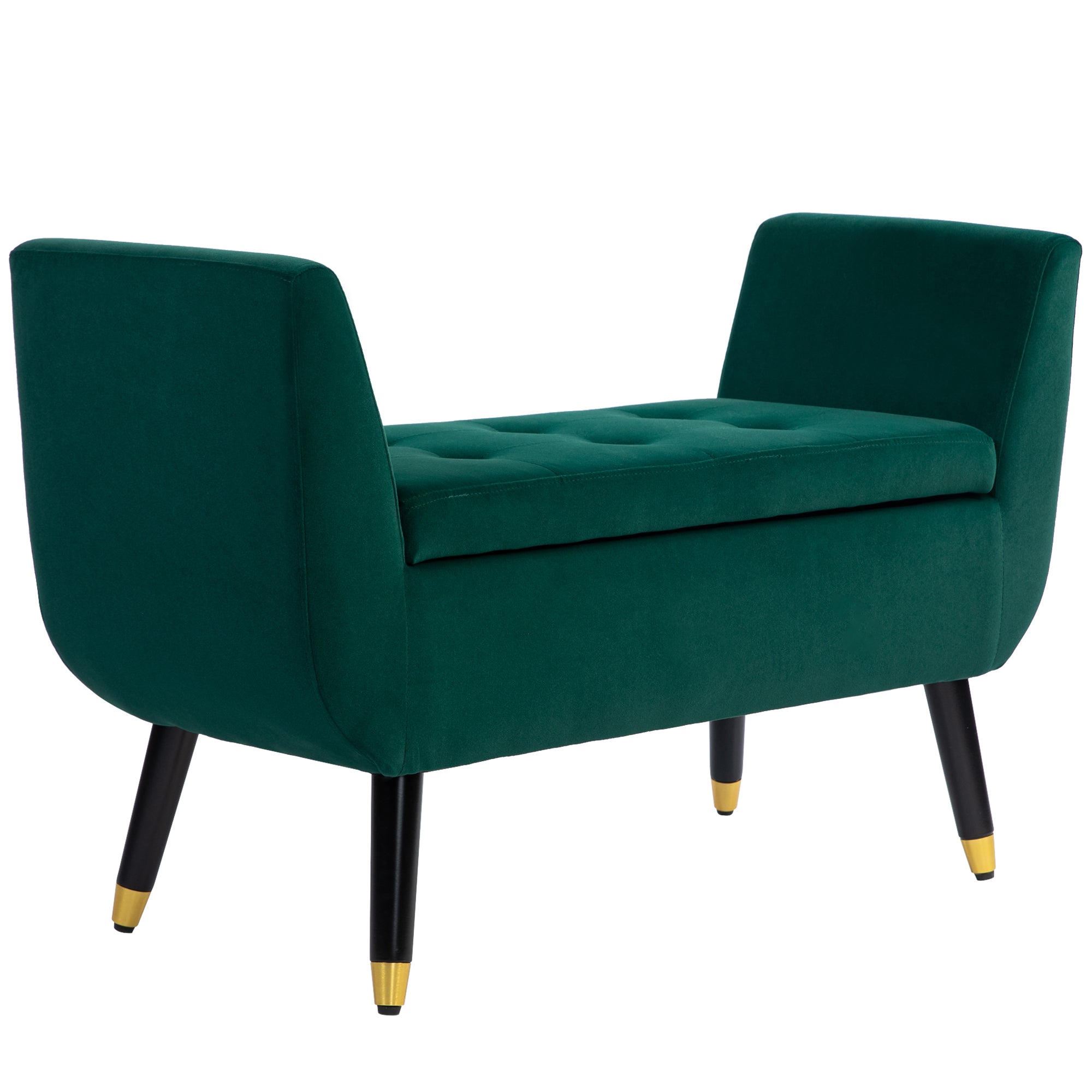Luxury Upholstered Bench, Storage Armrests Chest, Velvet Polyester Rubberwood Green