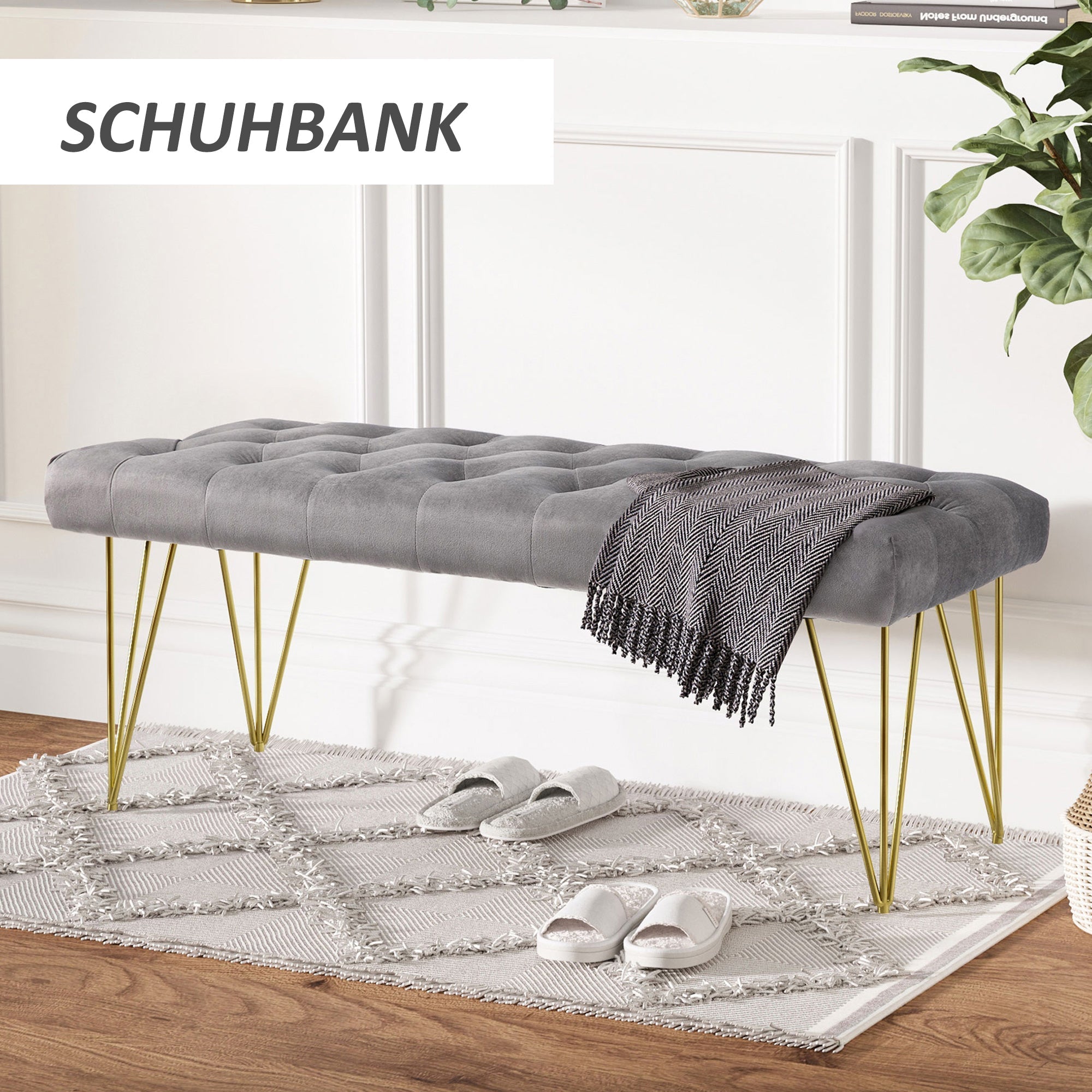 Schuhbank, Samtbezug, Eingangsbereich, Grau