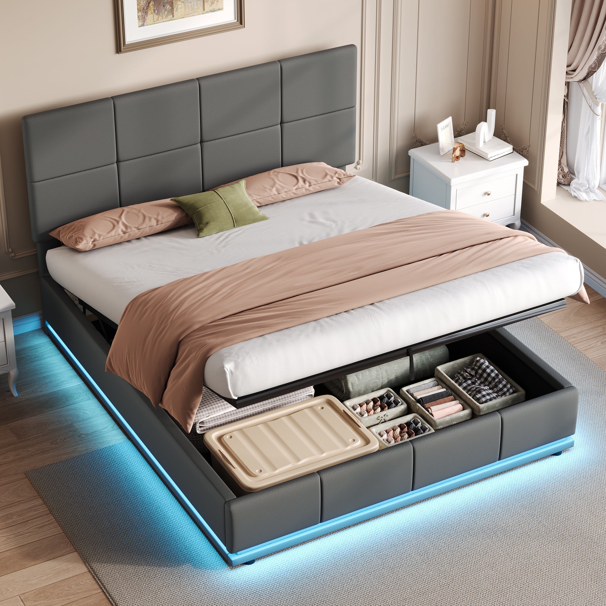 Ottoman Double Bed with LED Lighting, Hydraulic Storage, Adjustable Square Tufted Headboard, Grey PU Leather (No Mattress)