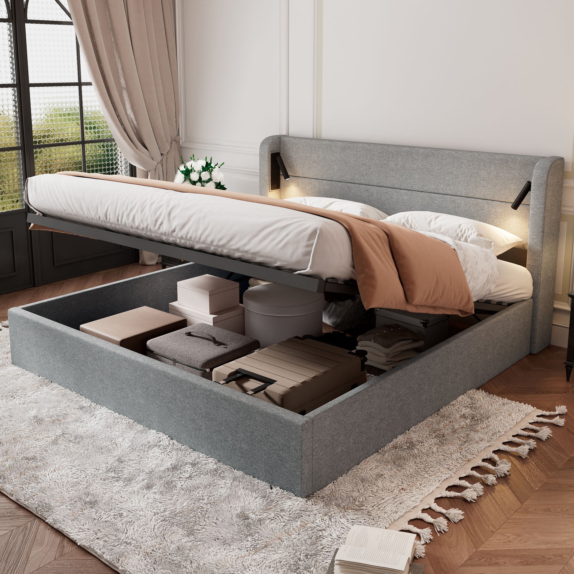 Upholstered Double Storage Bed with Mood Lighting, 160x200cm, Grey Chenille