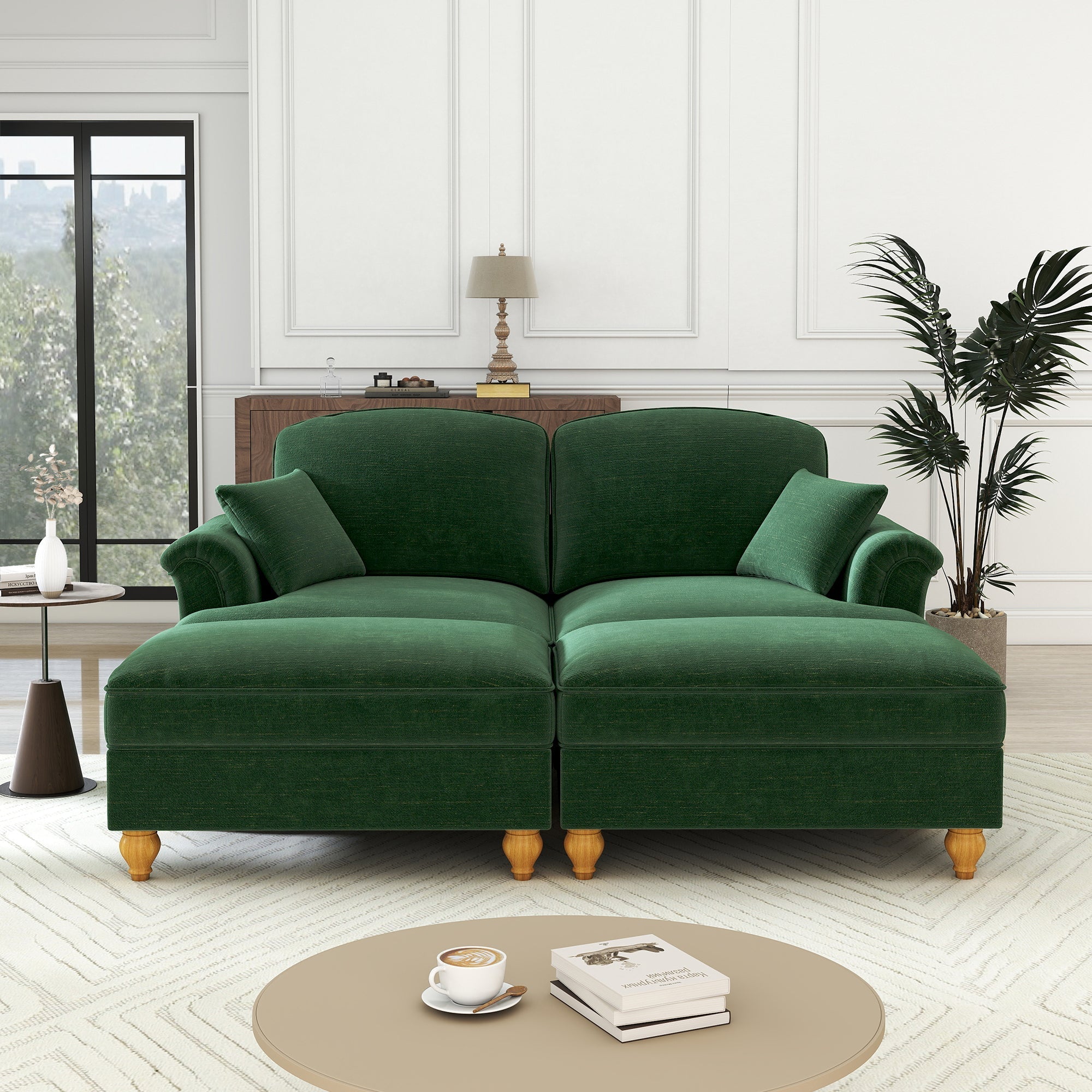 Classic Modular 2-Seater Sofa Movable Ottoman Funnel Armrests Chenille Green