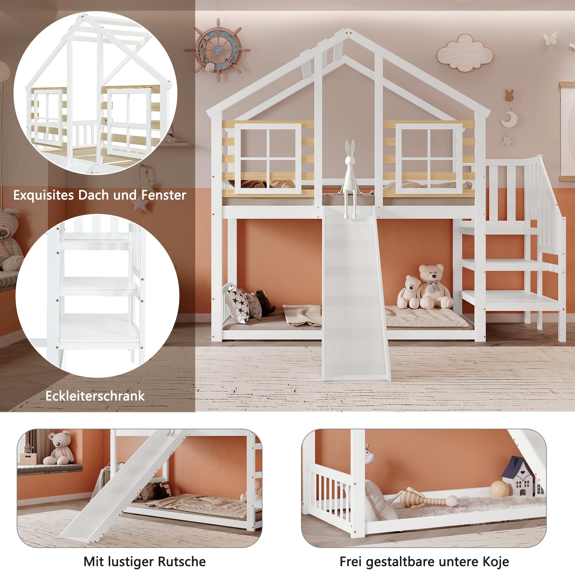 Bunk Bed, Wooden with Stairs, Slide & Window, Solid Wood, White