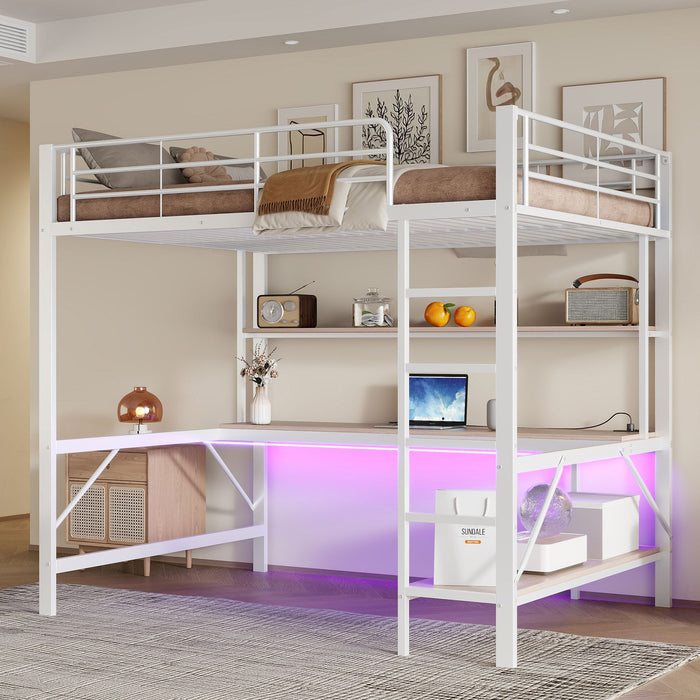 Loft Bed 140x200cm Desk Shelf LED USB/Power Outlet - White Metal