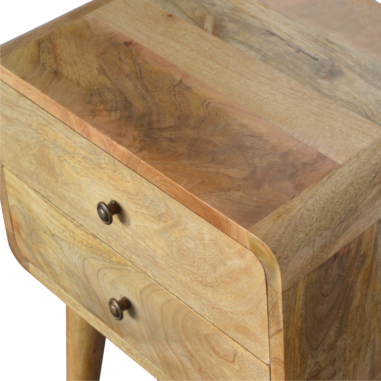 Solid Wood Bedside, Curved 2 Drawers, Oak-ish Brown