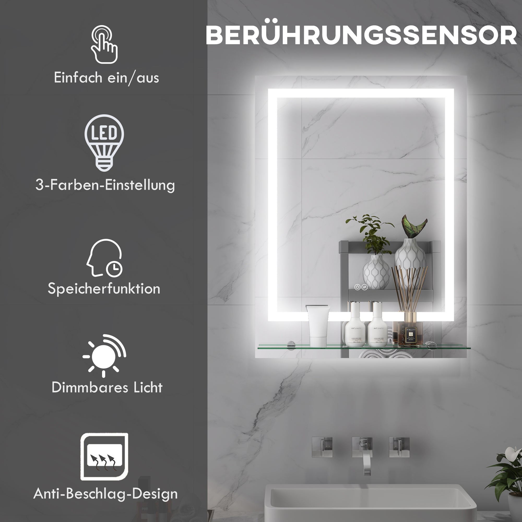 Kleankin Bathroom Mirror, LED, Anti-Fog, Touch Switch, Silver