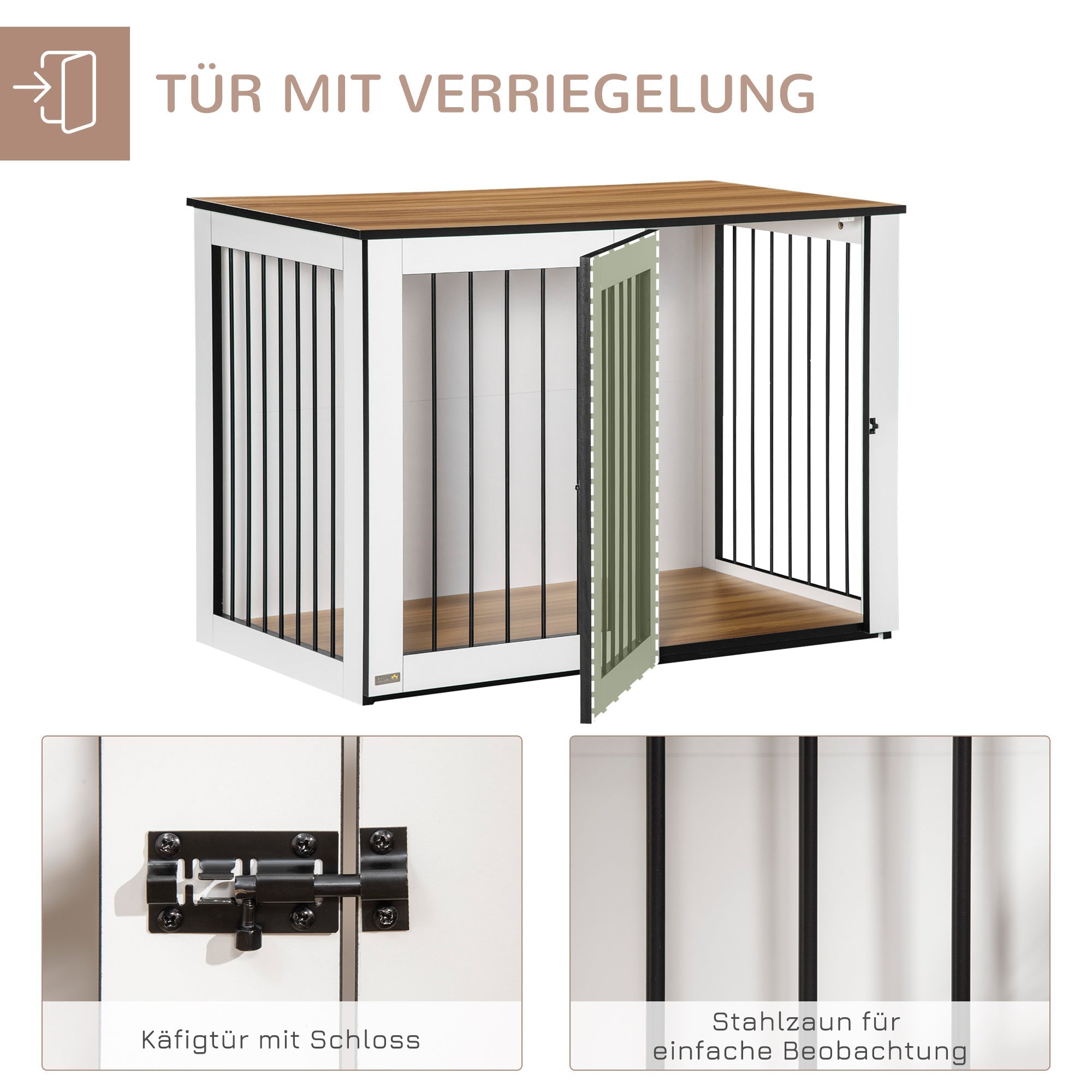 Indoor Dog Cage, Lockable Doors, Chipboard, Dark Walnut + White