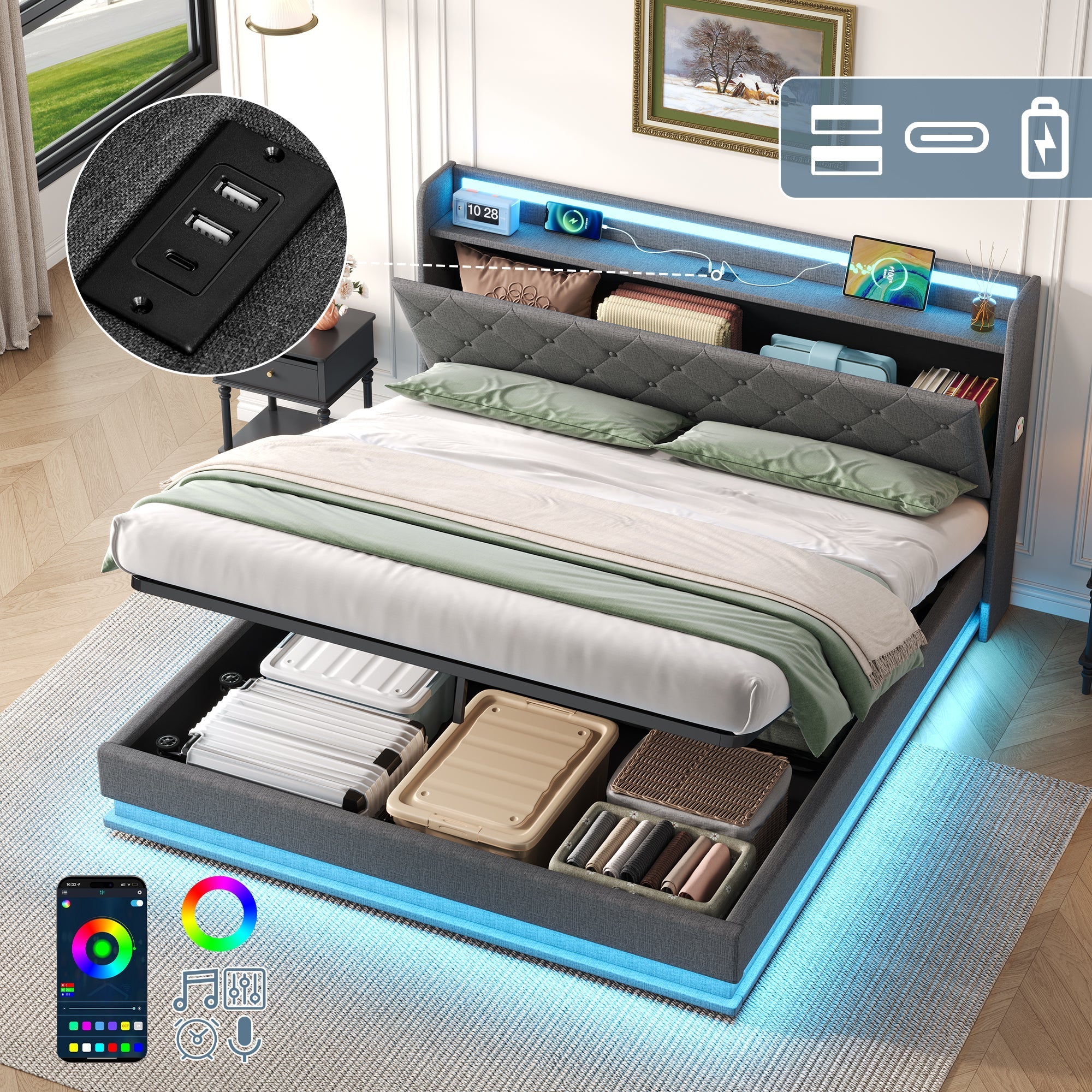 5ft King Upholstered Bed Frame with Hydraulic Storage, LED Button Tufted Headboard, USB and Type-C Ports, Linen, Grey