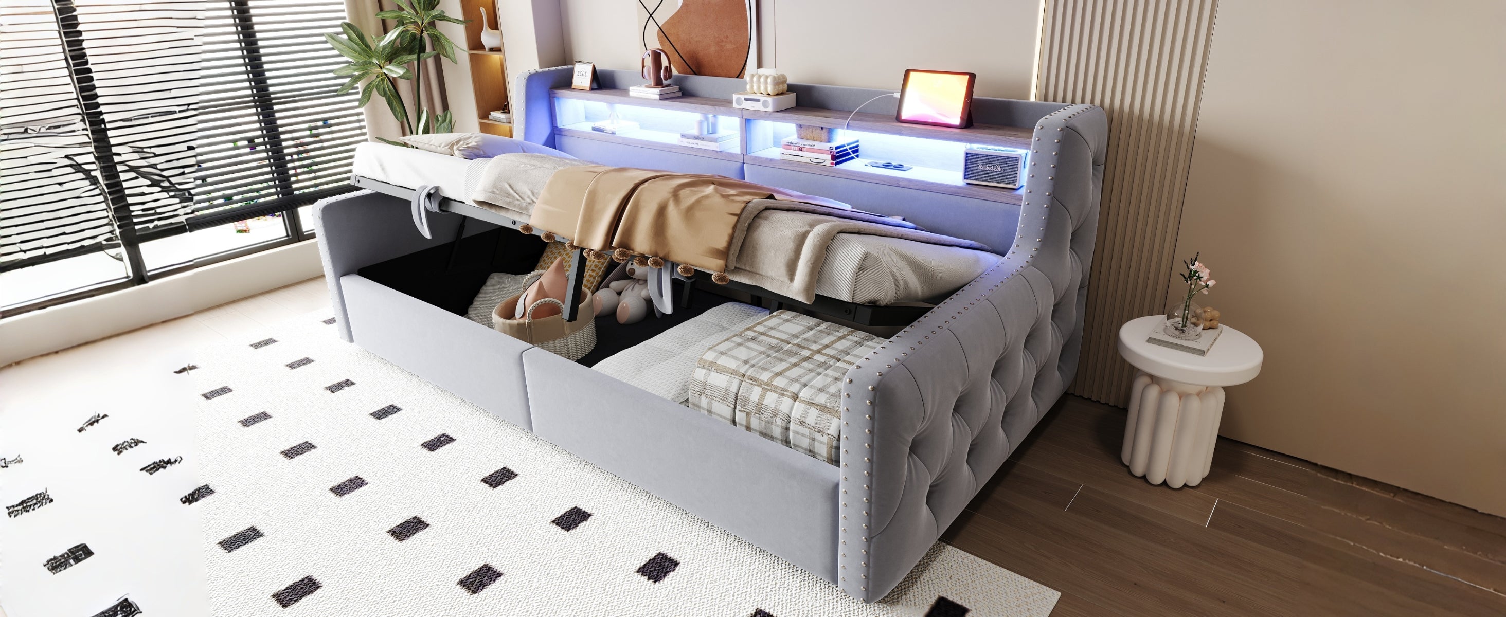 Upholstered Sofa Bed with Hydraulic Storage, LED, and Charging Port, 90x200cm, Light Grey