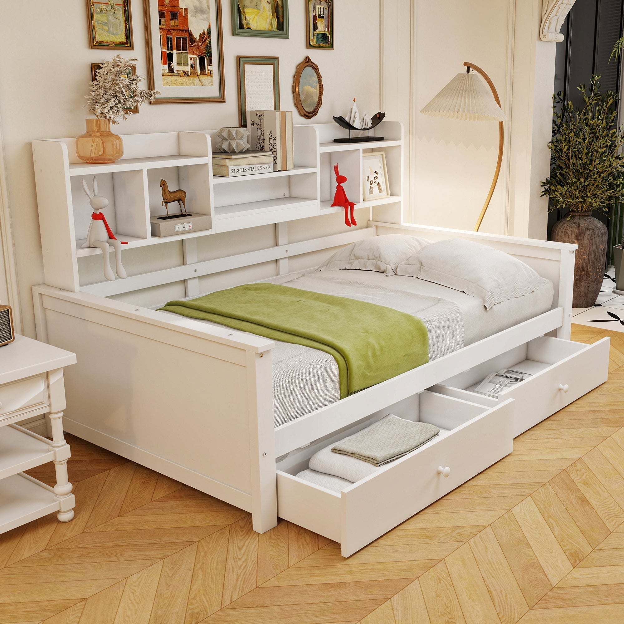 Solid Wood Sofa Bed 90x200 Storage Drawers Shelves White