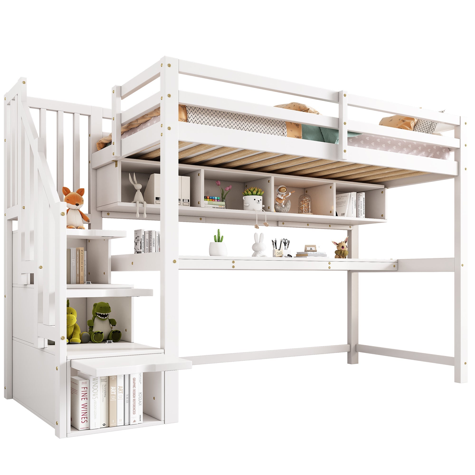 Loft Bed with Storage Stairs, Desk and Shelves, 90x200cm, White Solid Wood + MDF