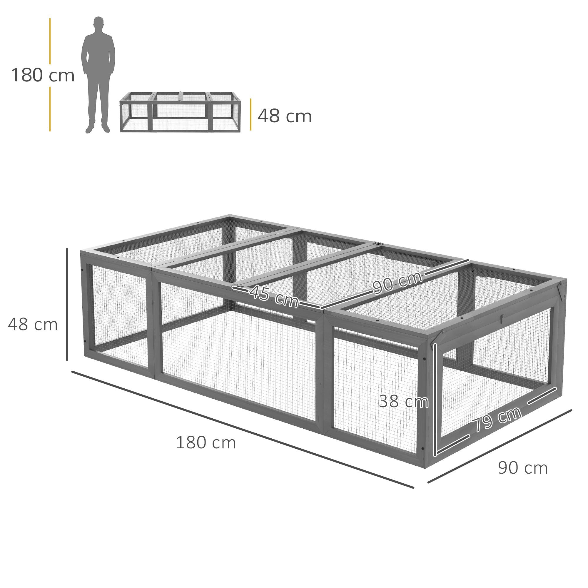 Rabbit Hutch, Winter-Proof Outdoor Cage, 180x90x48 cm, Fir Wood, Gray