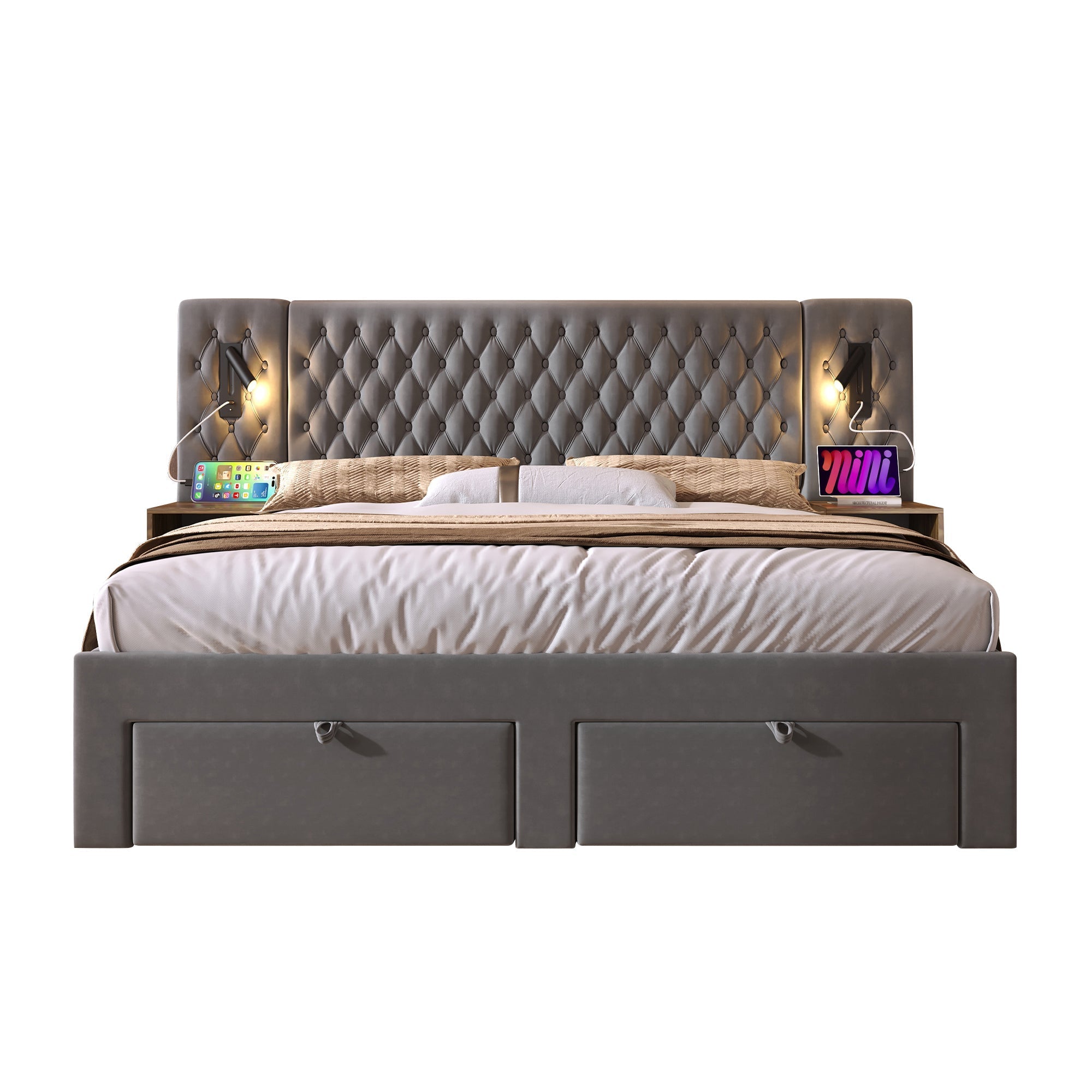 Bedroom Set, Upholstered Double Bed with 2 Nightstands & 4 Drawers, USB Reading Light, Gray Velvet