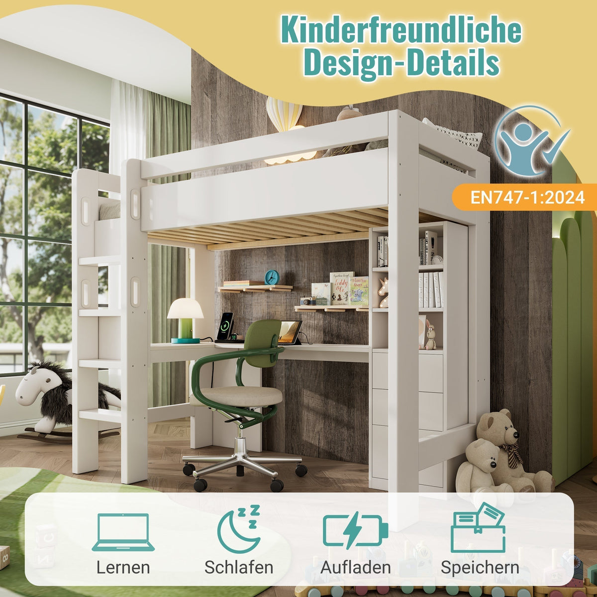 Children’s Loft Bed with Integrated L-Shaped Desk, Storage & Charging Ports - White