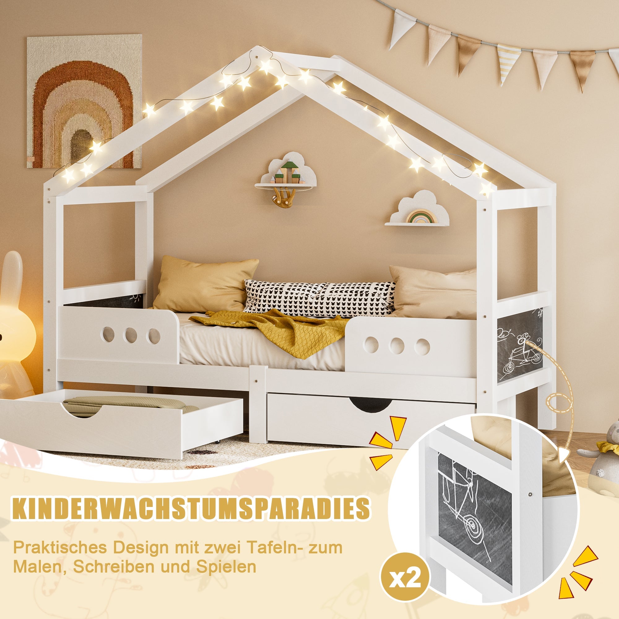 Children's Bed, Roof Design with 2 Drawers, UV Varnish Wood+MDF