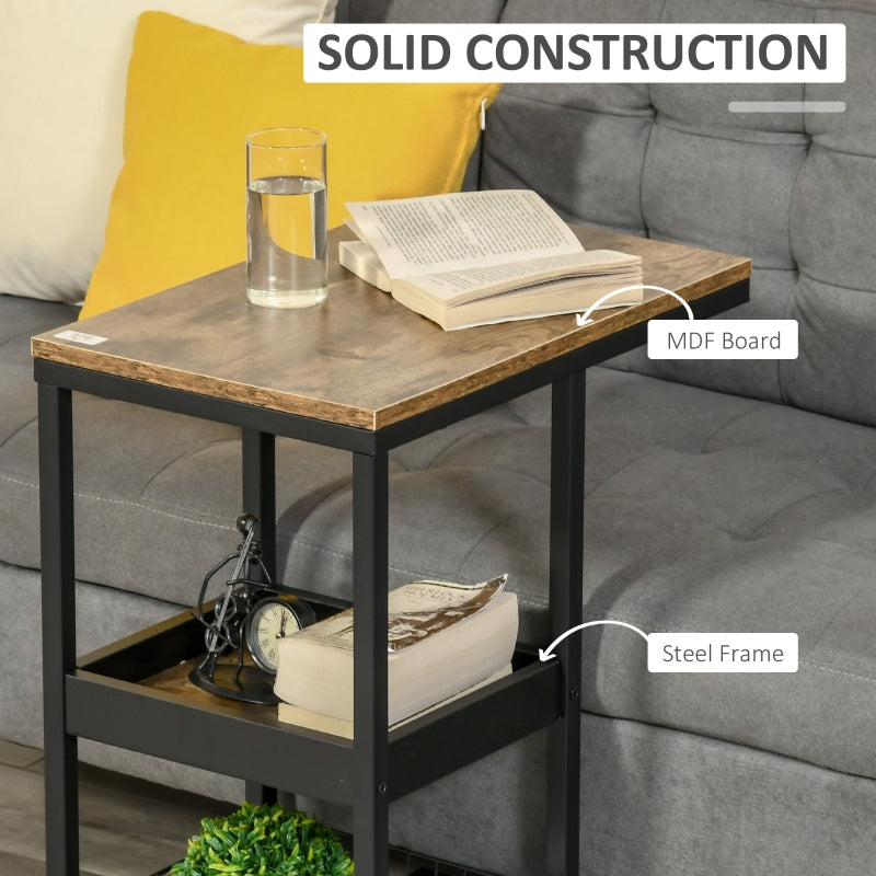Industrial Mobile Side Table, C-Shaped, 3-Tier Storage, Rolling, Steel Frame - Brown